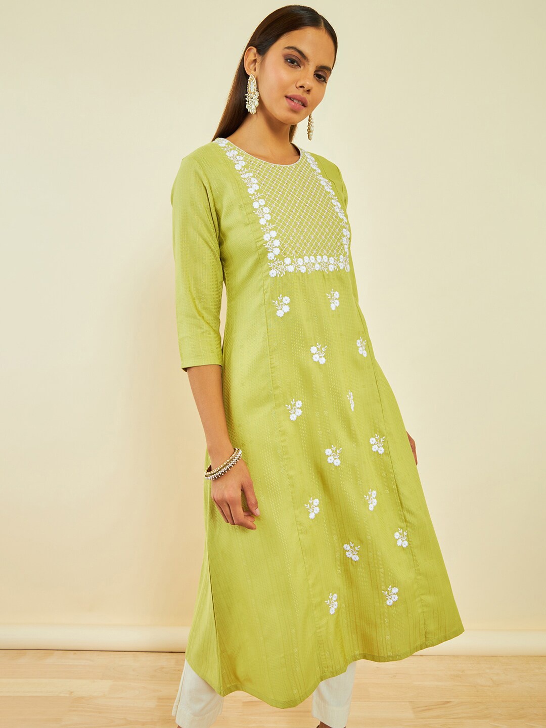 

Soch Floral Embroidered A-Line Panelled Kurta, Green