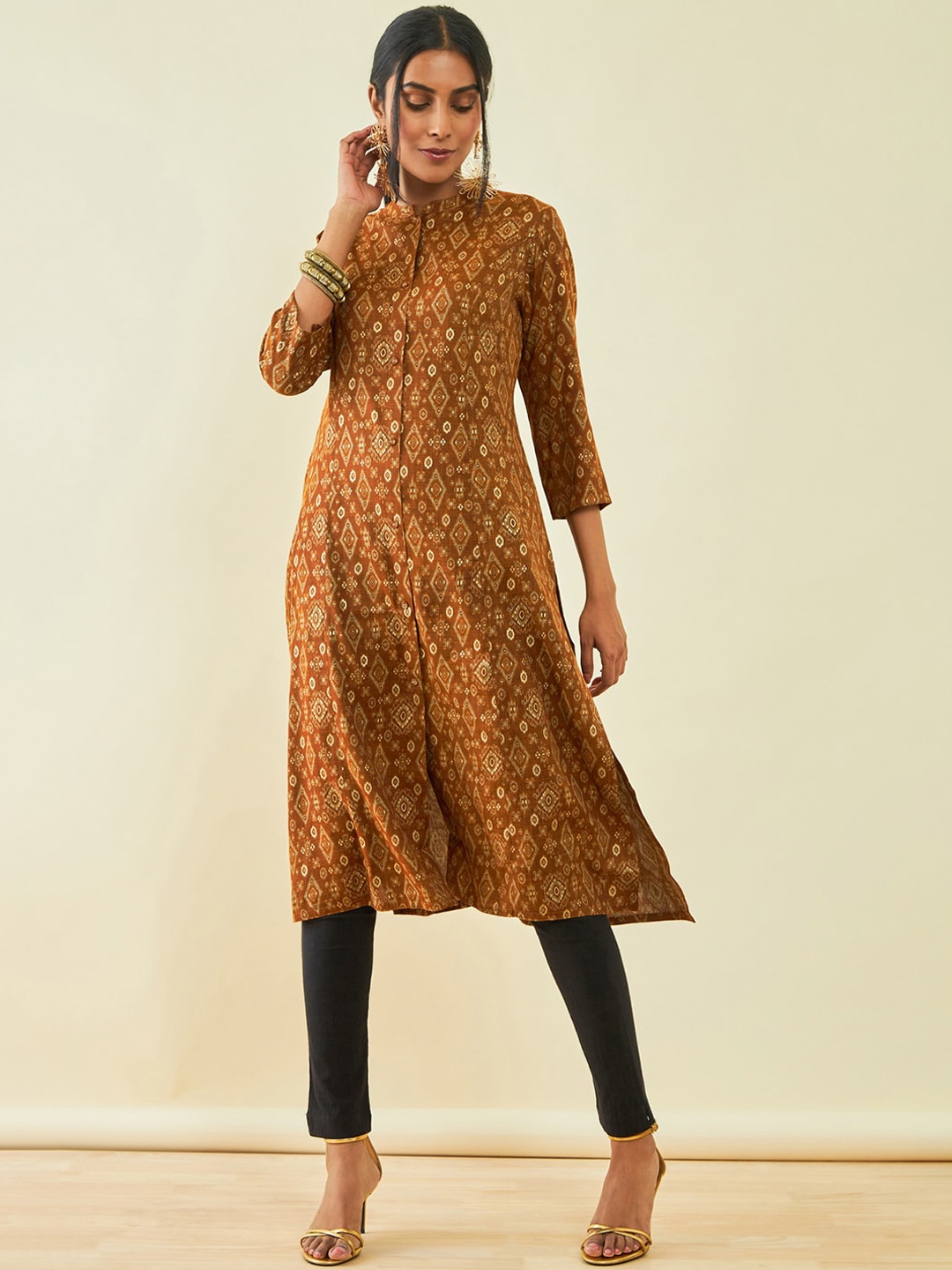 Soch Mandarin Collar Ethnic Motif Printed Kurta, Brown