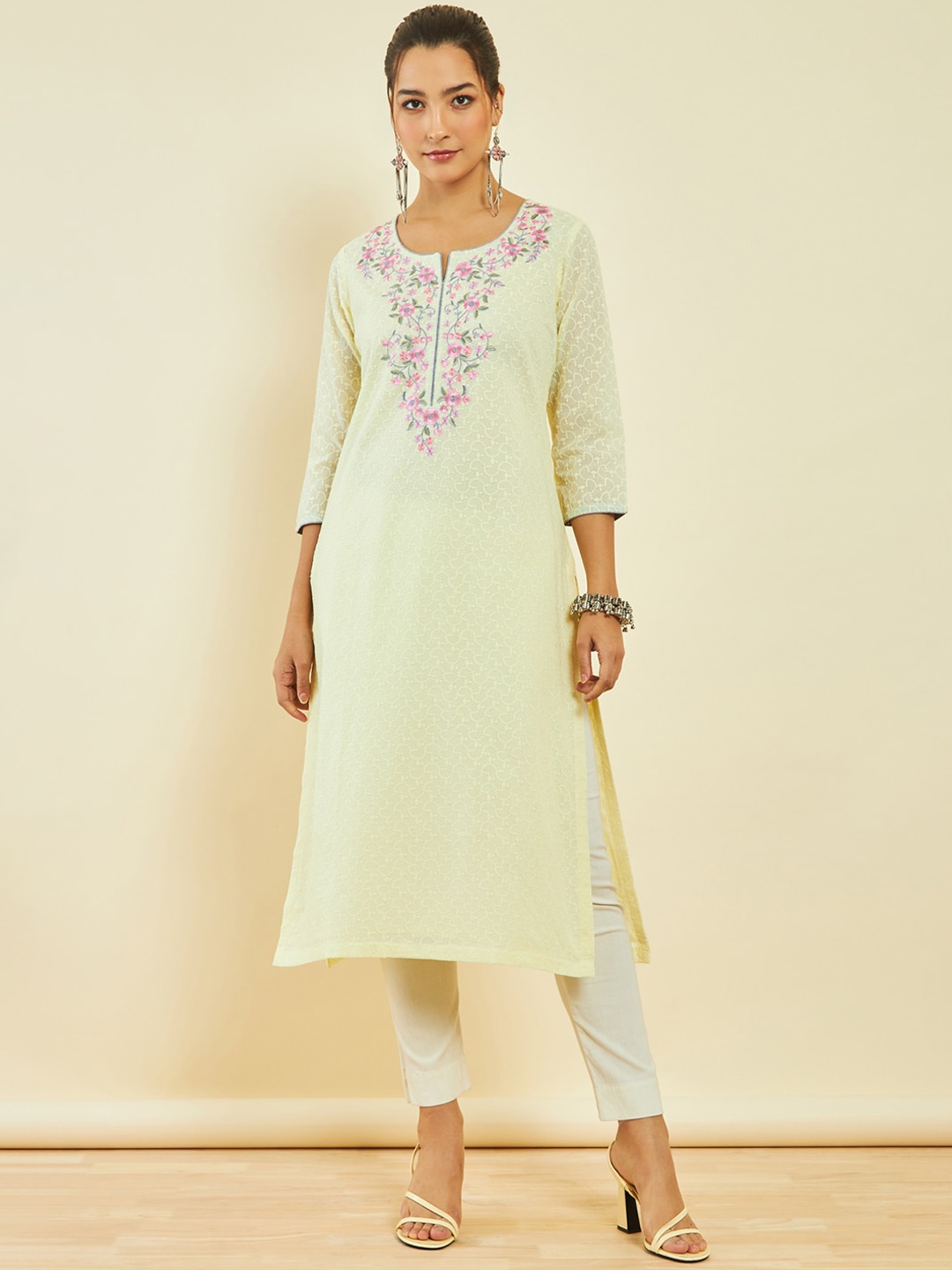 

Soch Round Neck Thread Work Straight Cotton Kurta, Yellow