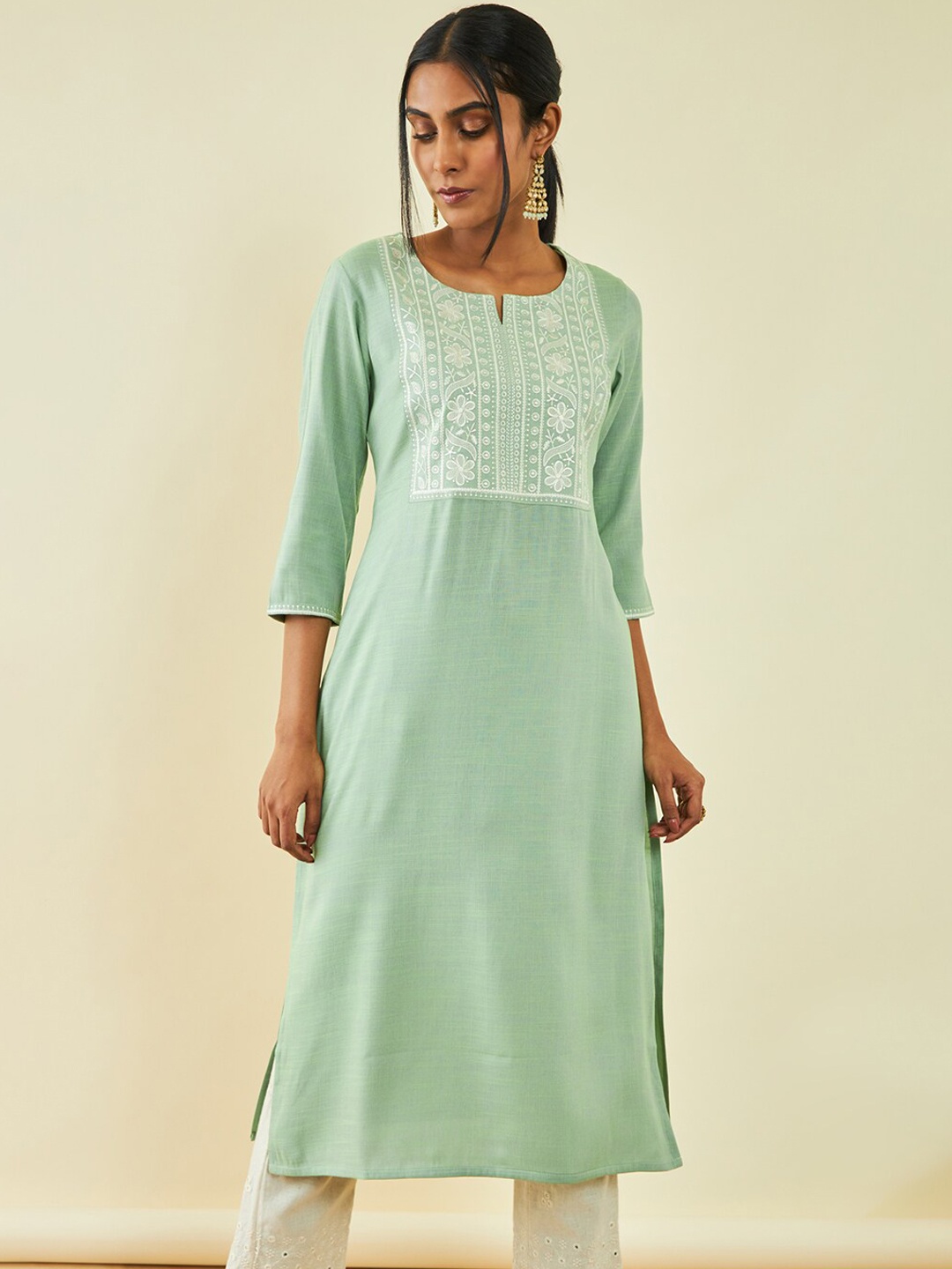 

Soch Ethnic Motifs Yoke Design Notched Neck Thread Work Straight Kurta, Green