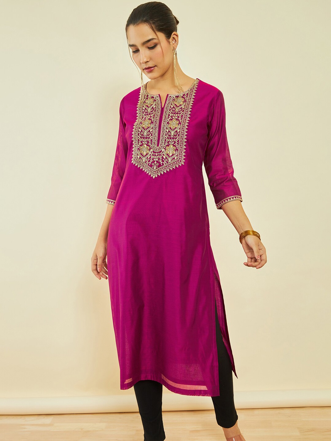 

Soch Ethnic Motifs Yoke Design Notched Neck Thread Work Chanderi Silk Straight Kurta, Pink