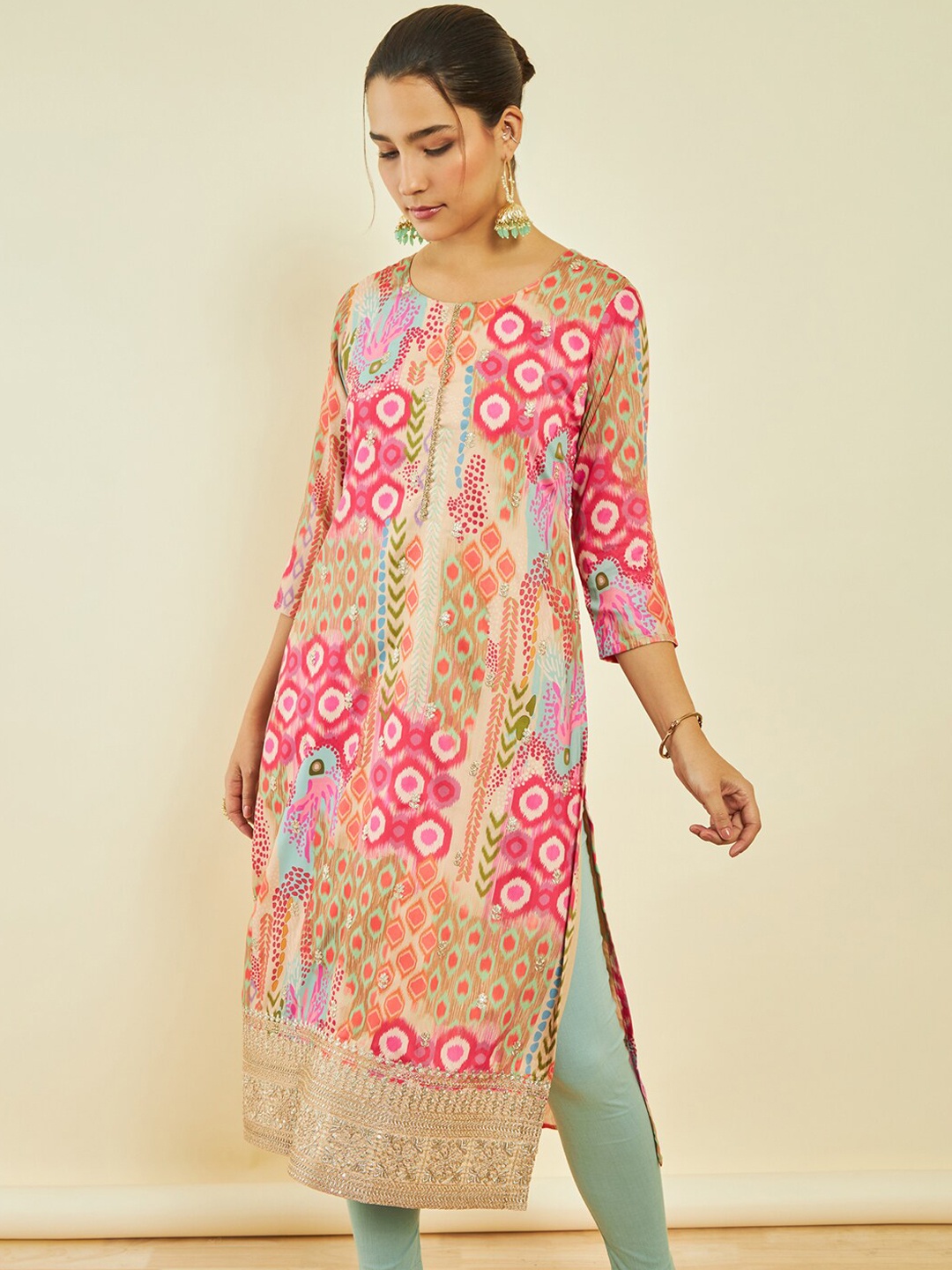 

Soch Geometric Printed Round Neck Sequined Modal Straight Kurta, Beige