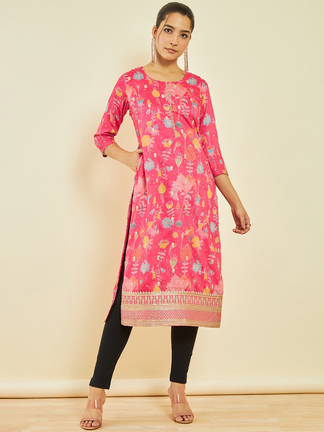 

Soch Floral Printed Round Neck Sequined Modal Straight Kurta, Pink