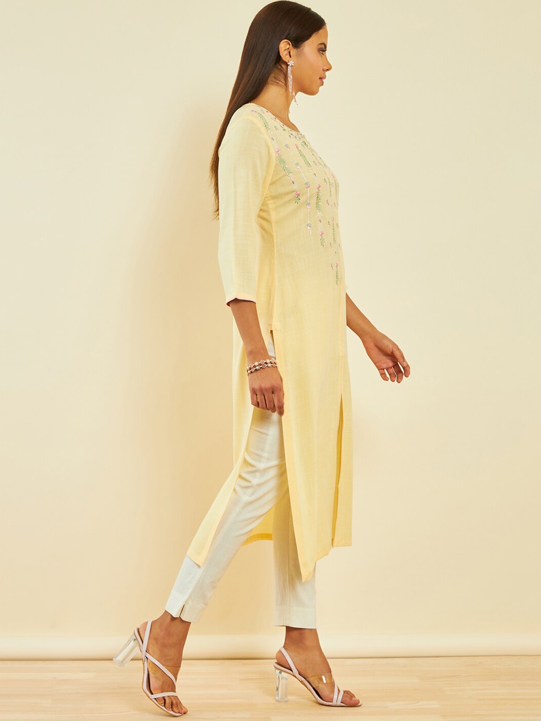 

Soch Yellow Floral Yoke Design Thread Work Kurta