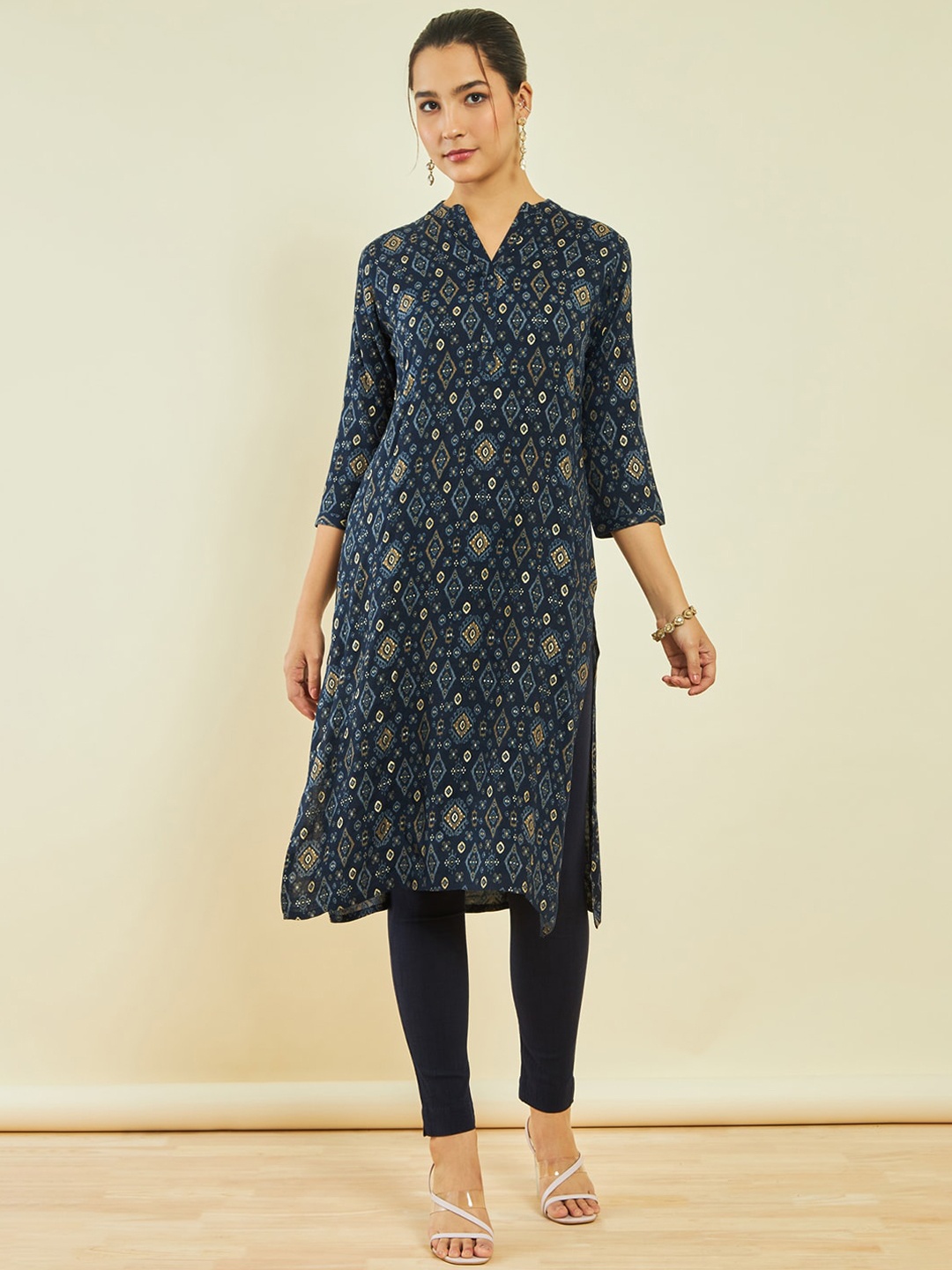 

Soch Navy Blue Ethnic Motifs Ikat Printed Kurta