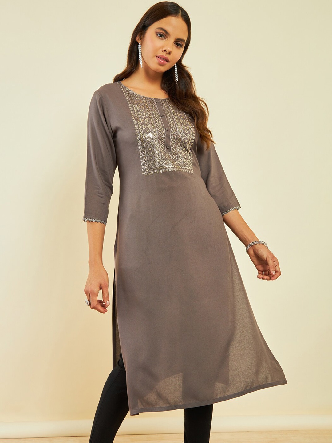 

Soch Yoke Design Thread Work Kurta, Brown