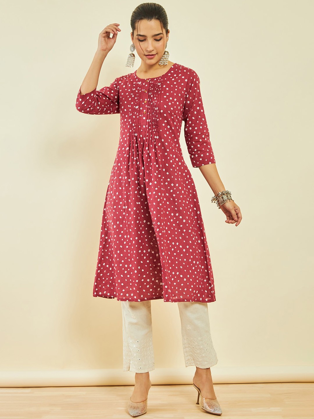 

Soch Bandhani Printed Round Neck Cotton Pleated Anarkali Kurta, Red