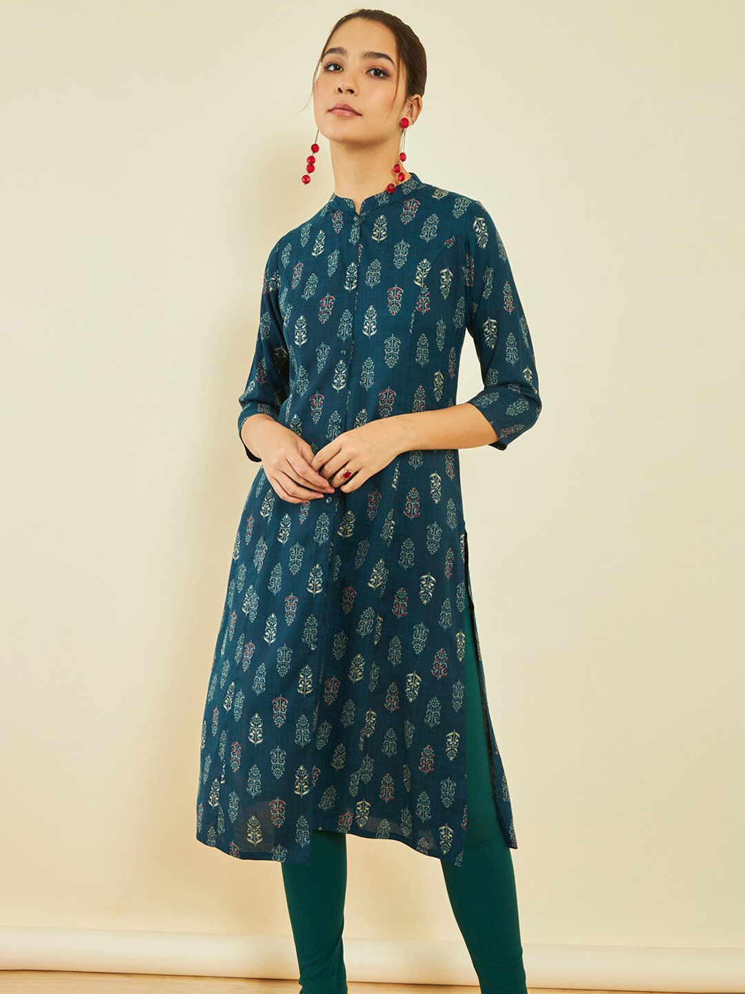 

Soch Ethnic Motifs Printed Mandarin Collar Straight Kurta, Teal