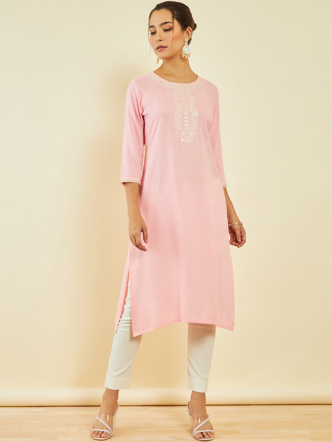 

Soch Thread Work Straight Kurta, Pink