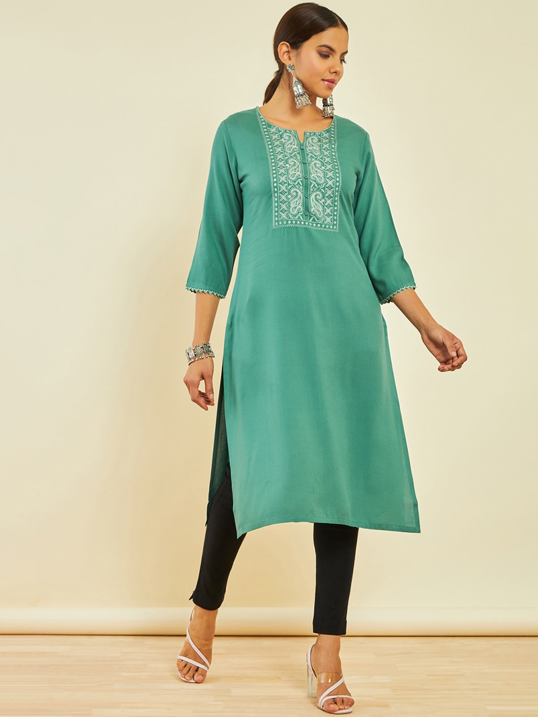 

Soch Ethnic Motifs Yoke Design Round Neck Thread Work Straight Kurta, Green