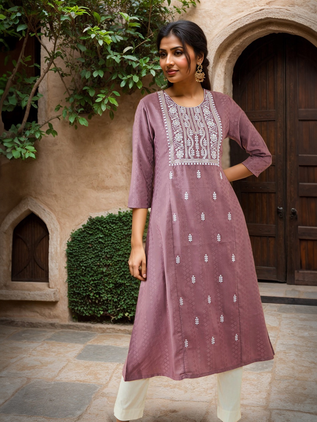 

Soch Ethnic Motif Embroidered Thread Work A-Line Kurta, Purple