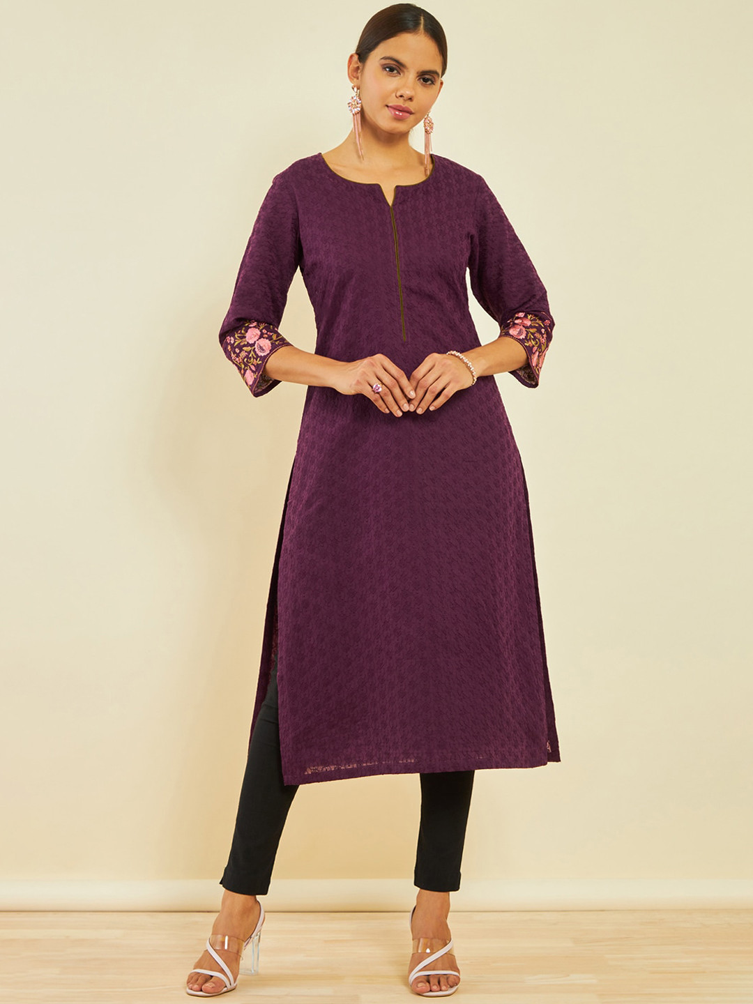 

Soch Ethnic Motif Embroidered Thread Work Straight Kurta, Burgundy