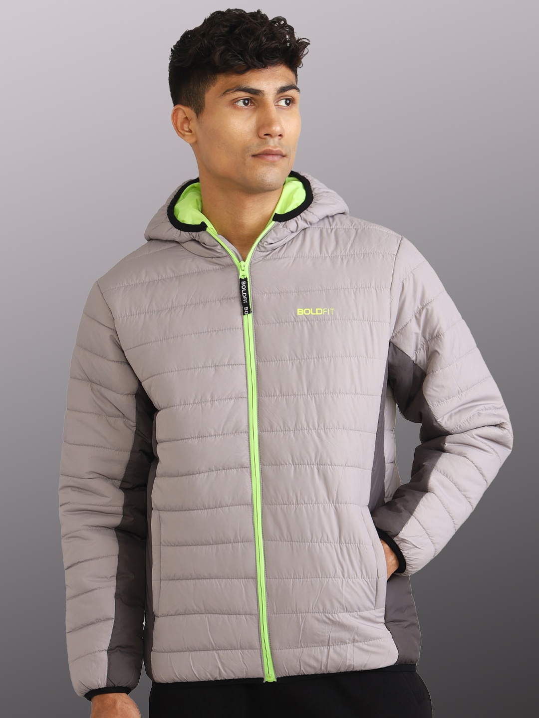 

BOLDFIT Colourblocked Windcheater Puffer Jacket with Patchwork, Grey