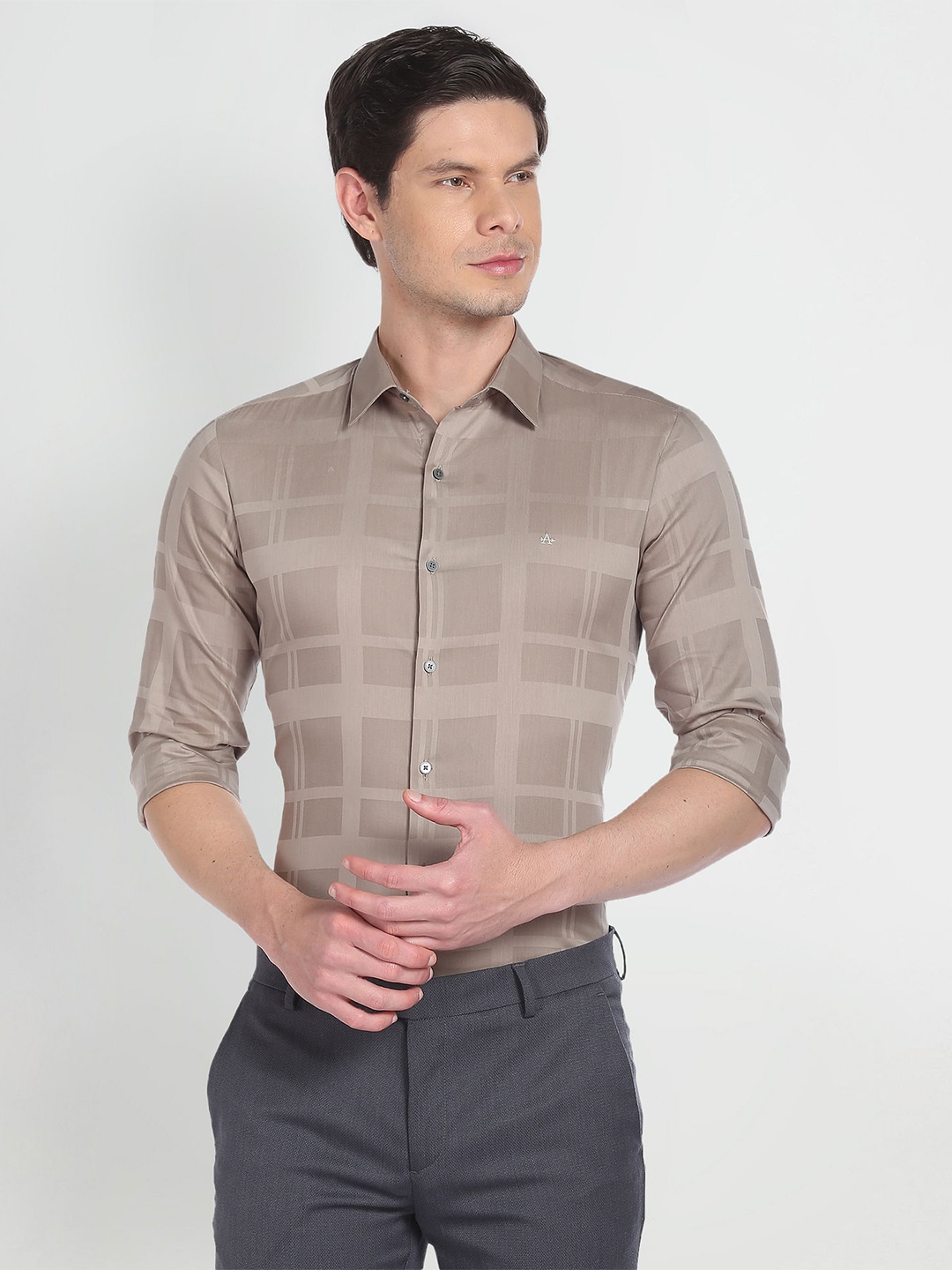 

Arrow New York Slim Fit Windowpane Checks Twill Formal Shirt, Brown