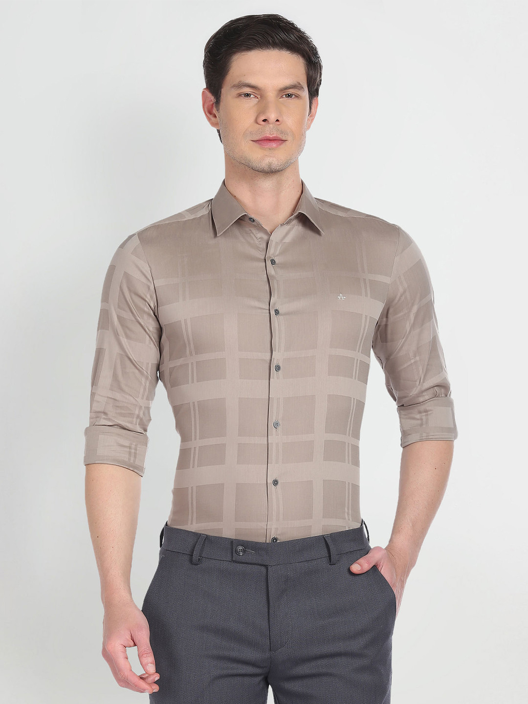 

Arrow New York Skinny Fit Windowpane Checks Twill Formal Shirt, Brown