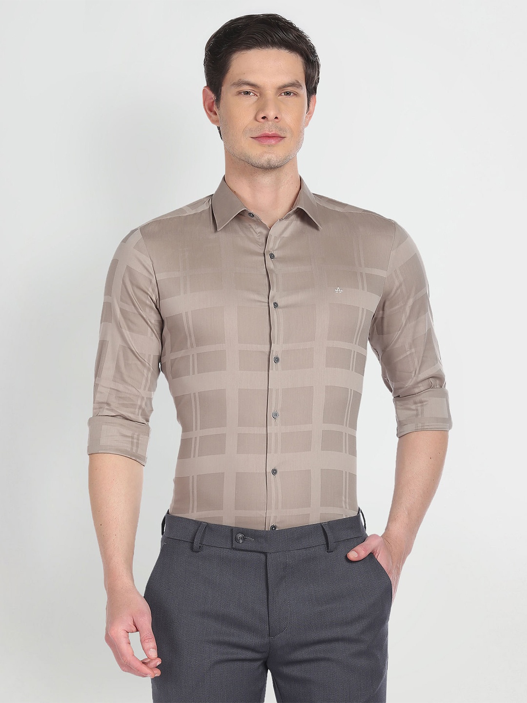 

Arrow New York Skinny Fit Windowpane Checks Twill Formal Shirt, Brown