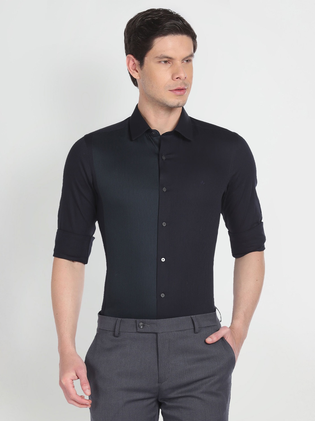 

Arrow New York Spread Collar Slim Fit Striped Formal Pure Cotton Shirt, Green
