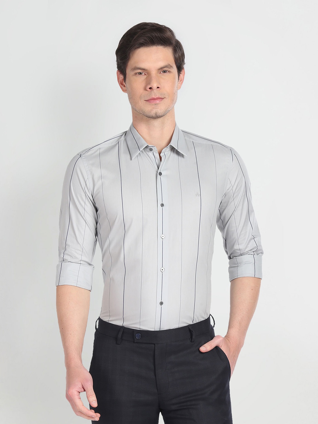 

Arrow New York Slim Fit Vertical Stripes Twill Pure Cotton Formal Shirt, Grey
