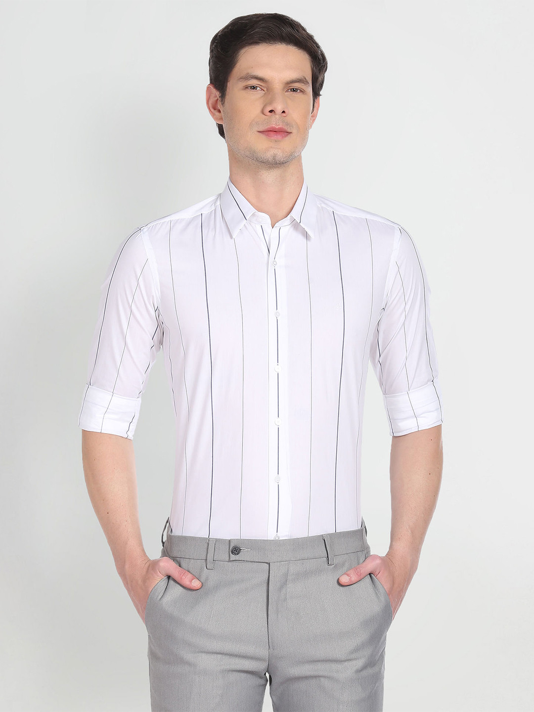 

Arrow New York Slim Fit Vertical Stripes Twill Pure Cotton Formal Shirt, White