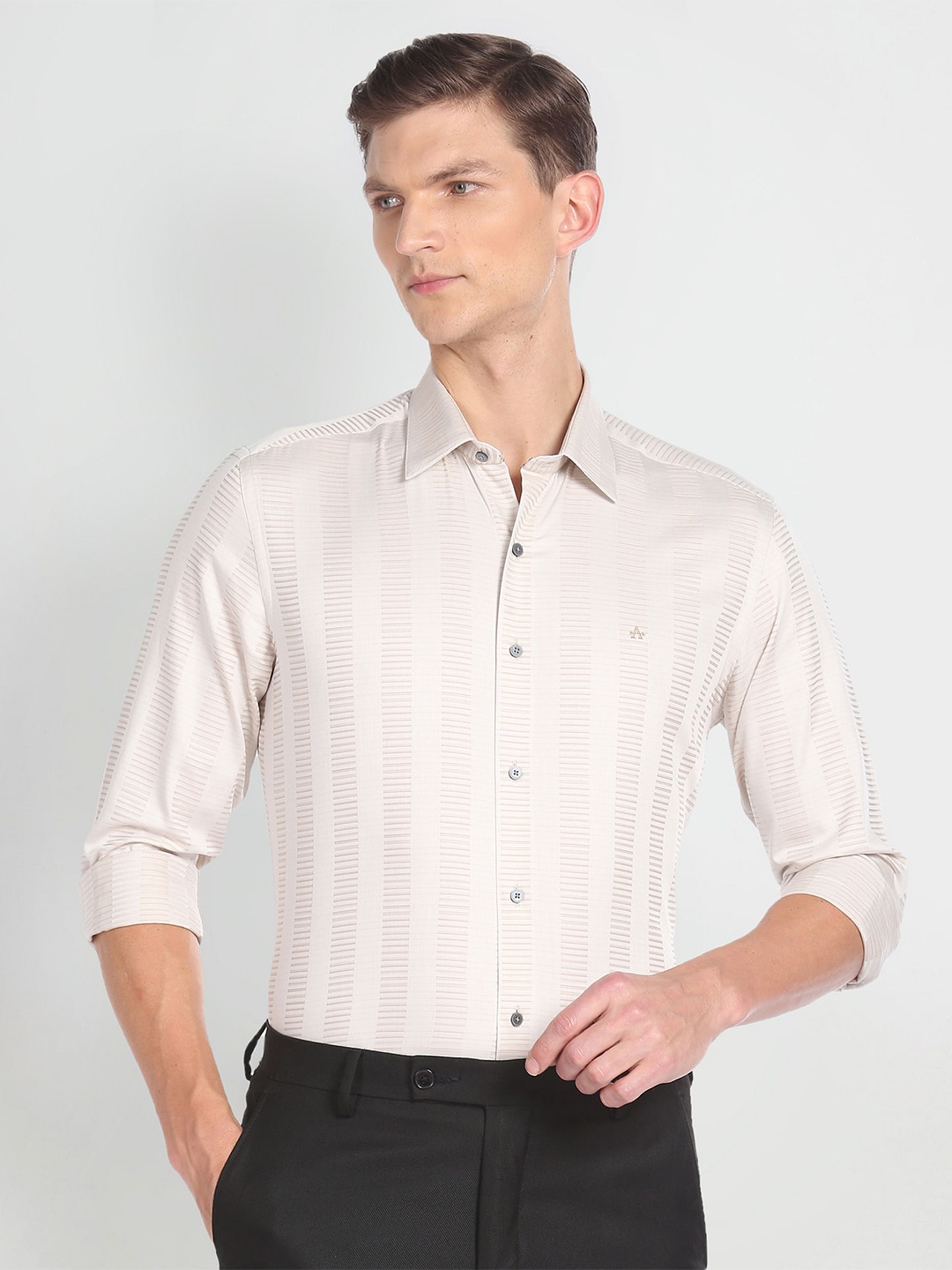 

Arrow New York Slim Fit Horizontal Stripes Pure Cotton Formal Shirt, Beige