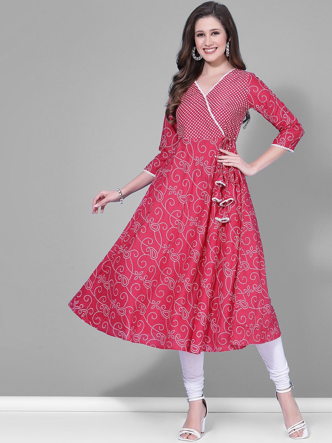 

KALINI Ethnic Motifs Printed V-Neck Cotton Silk Anarkali Kurta, Pink