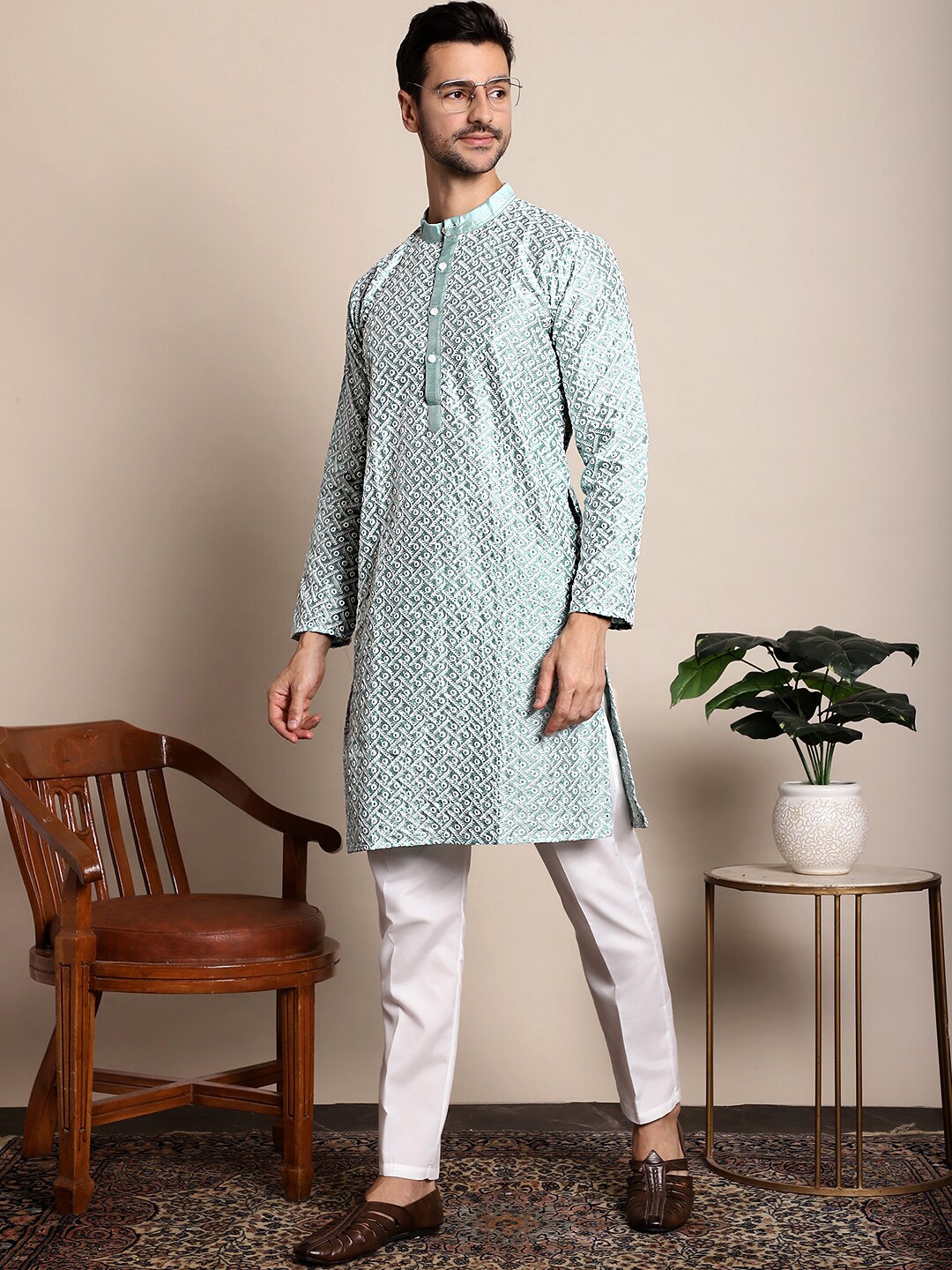 

Anouk Men Turquoise Blue Geometric Embroidered Kurta with Pyjamas