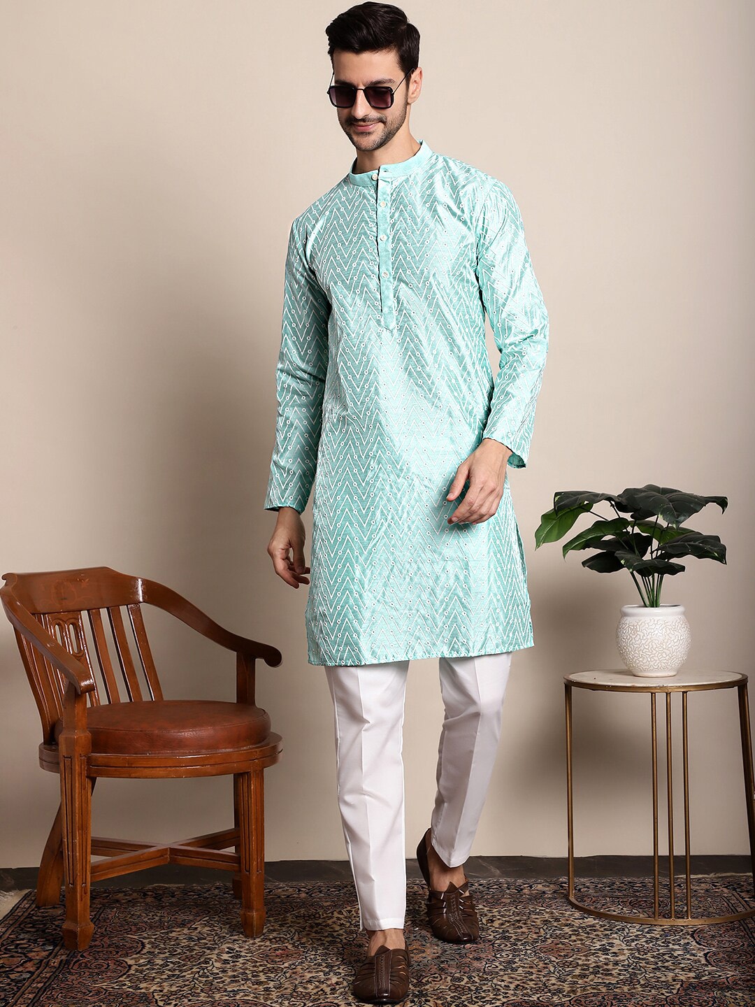 

Anouk Men Turquoise Blue Geometric Embroidered Kurta with Pyjamas