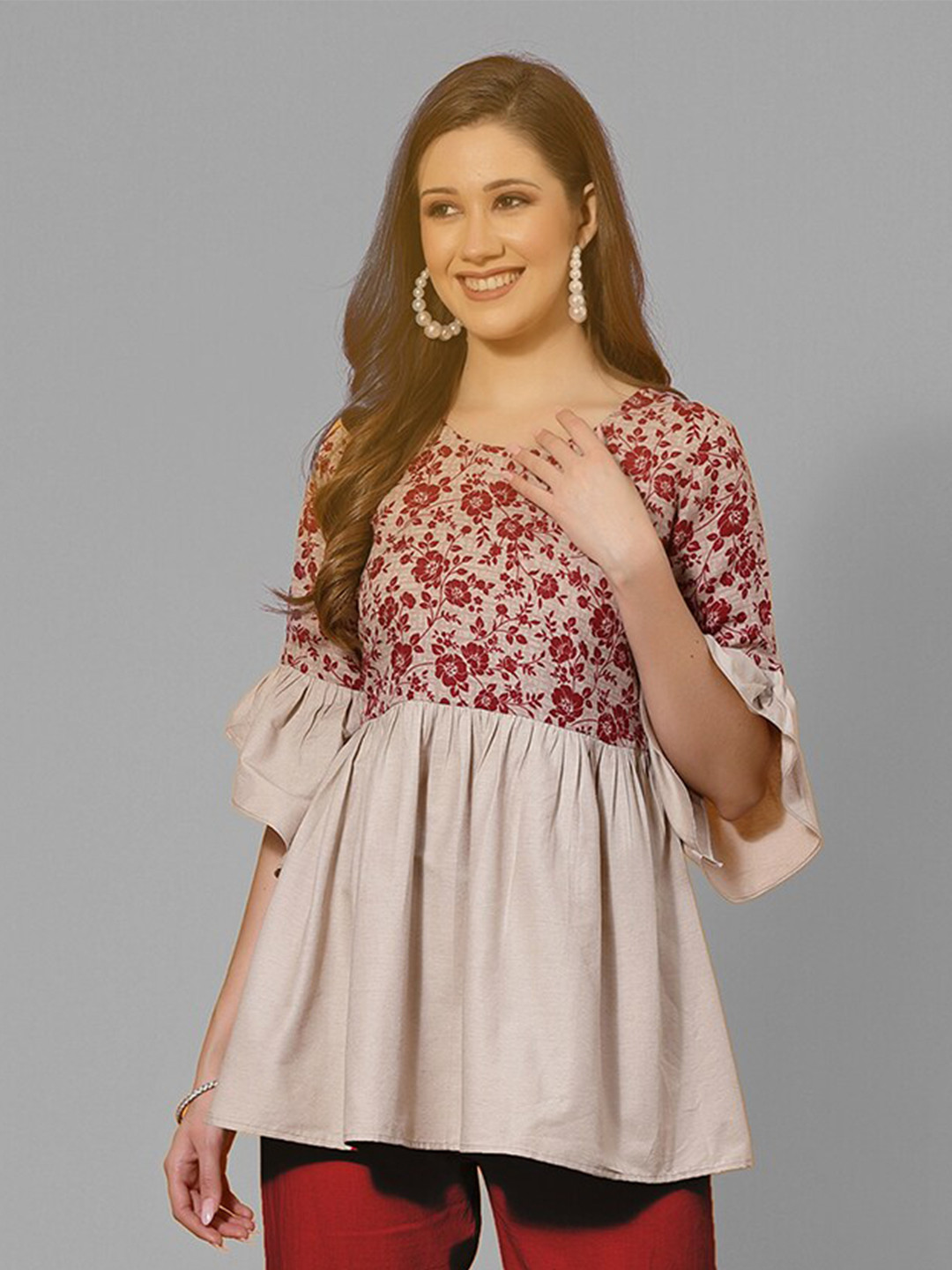

KALINI Floral Printed Bell Sleeves Top, Beige