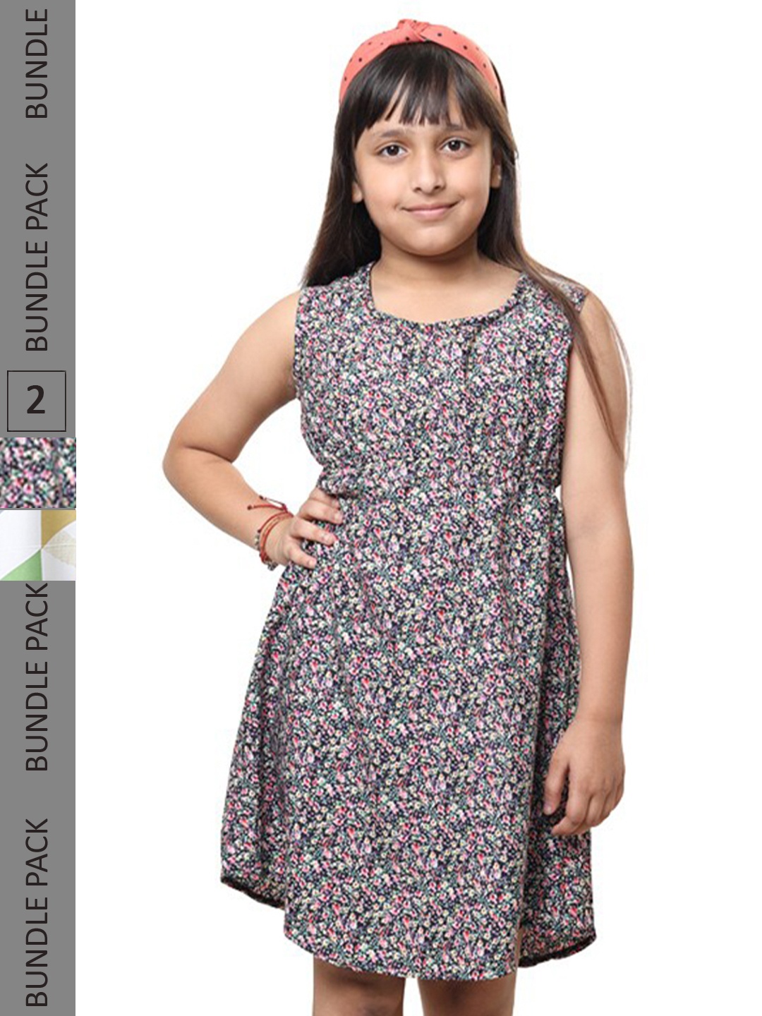 

BAESD Girls Pack Of 2 Floral Printed Sleeveless Crepe A-Line Dress, Black