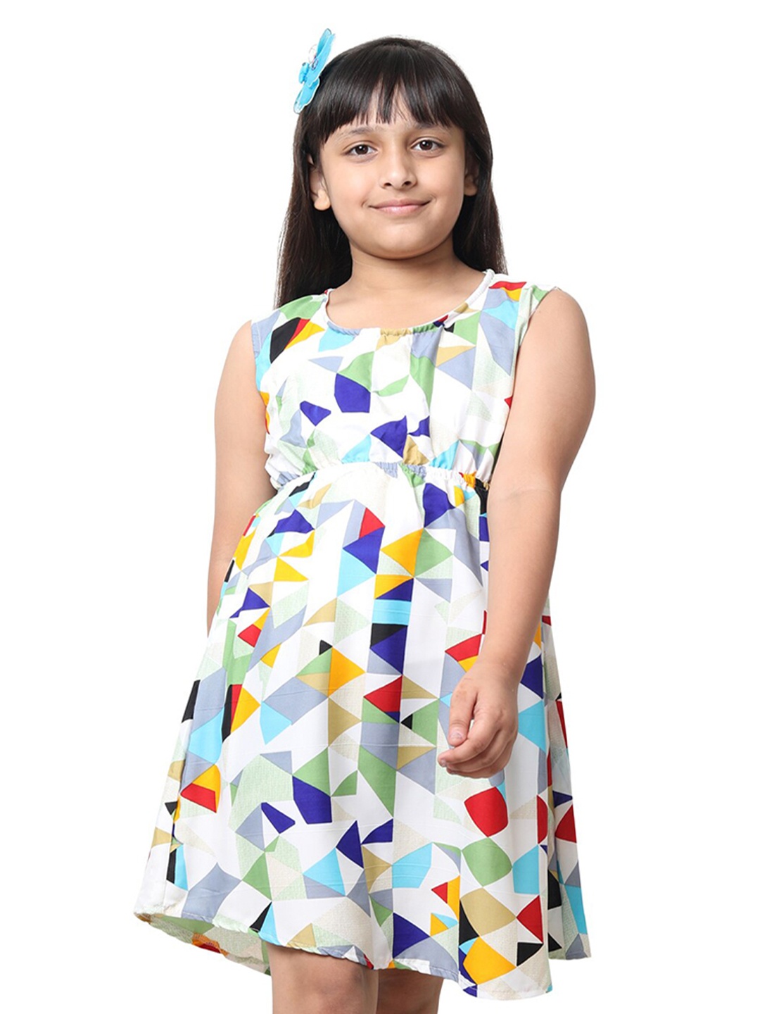 

BAESD Girls Geometric Printed Sleeveless Crepe A-line Dress, White