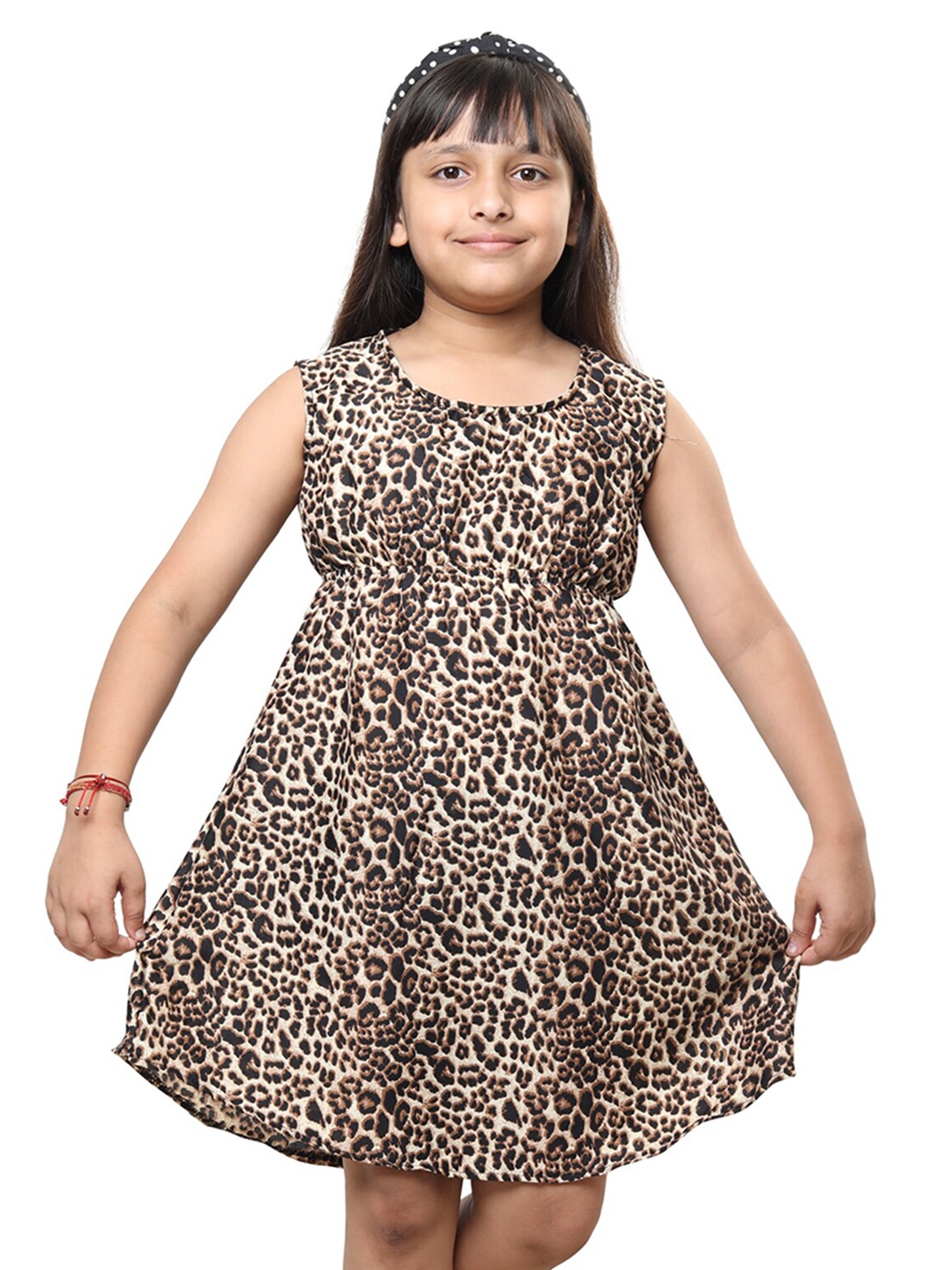 

BAESD Girls Animal Printed Sleeveless Crepe A-line Dress, Brown
