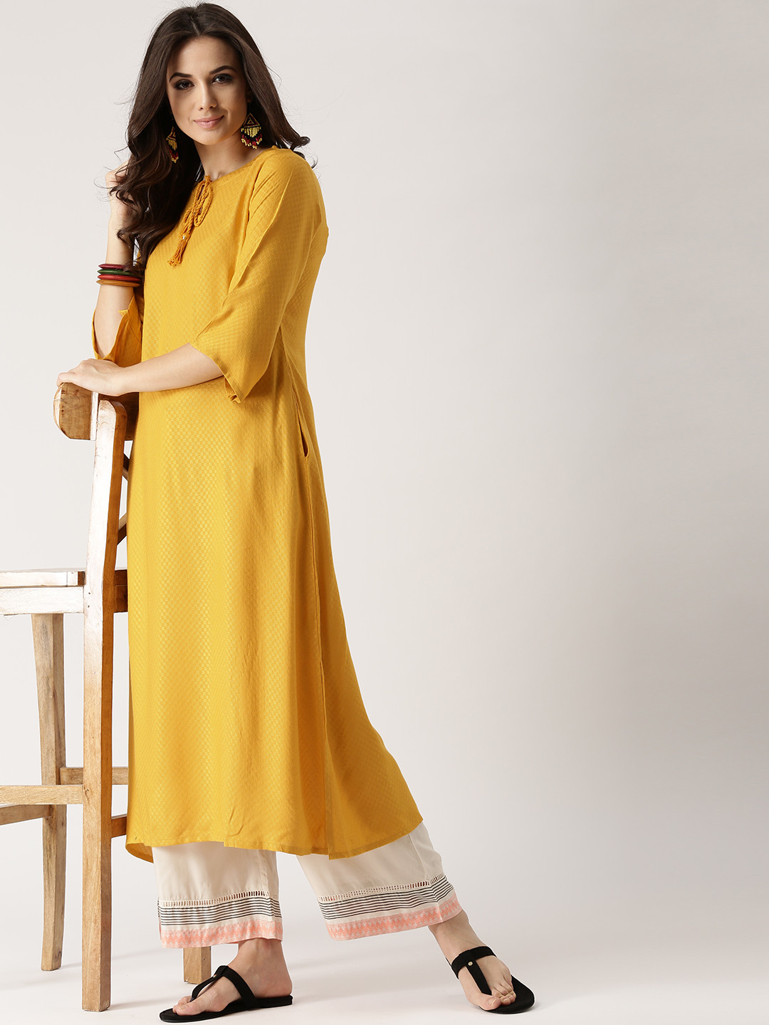 

Libas Women Yellow Woven Design A-Line Kurta