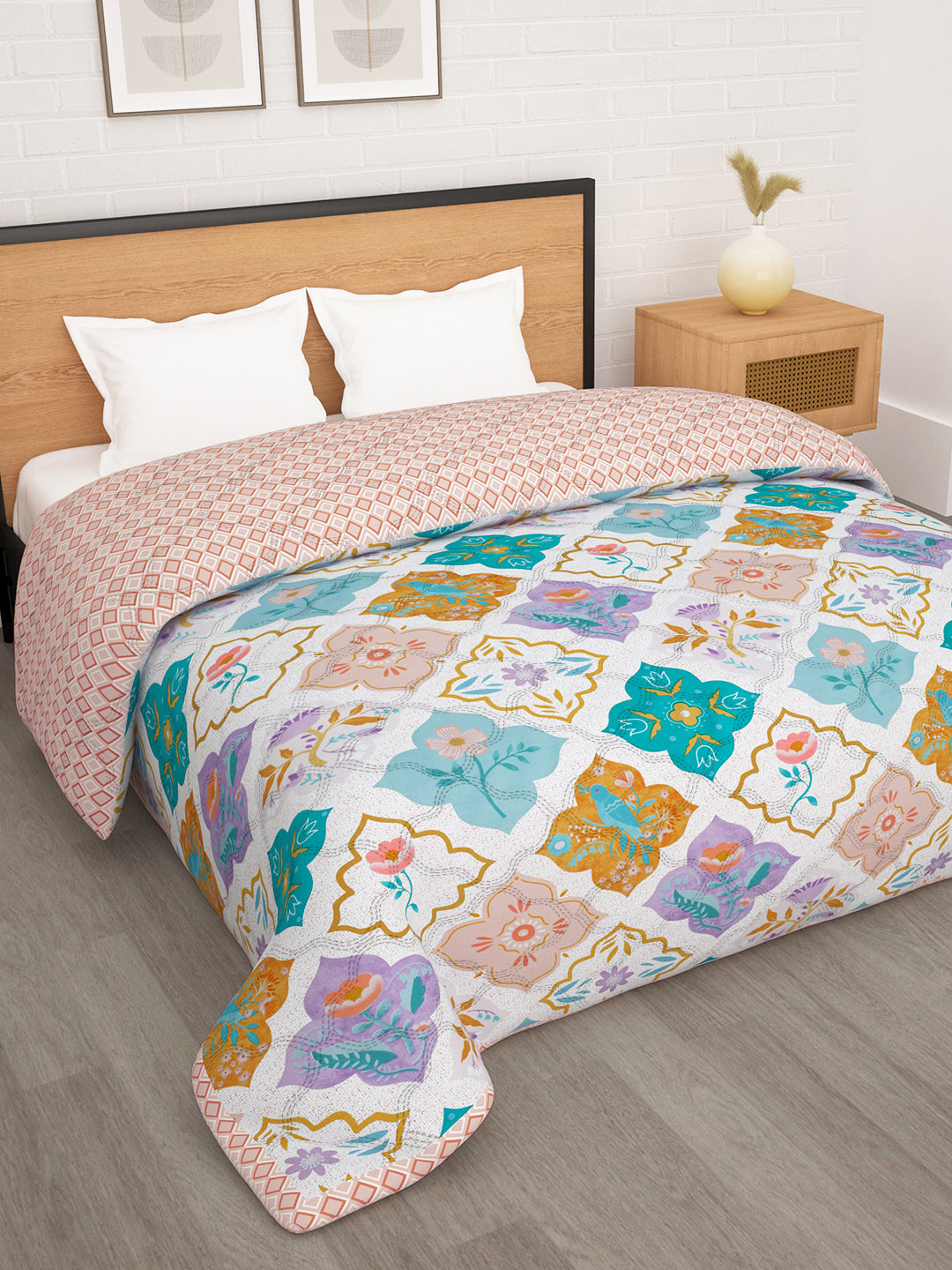

Story@home Floral Printed Ac Room 180 GSM Reversible Double Bed Comforter, Peach