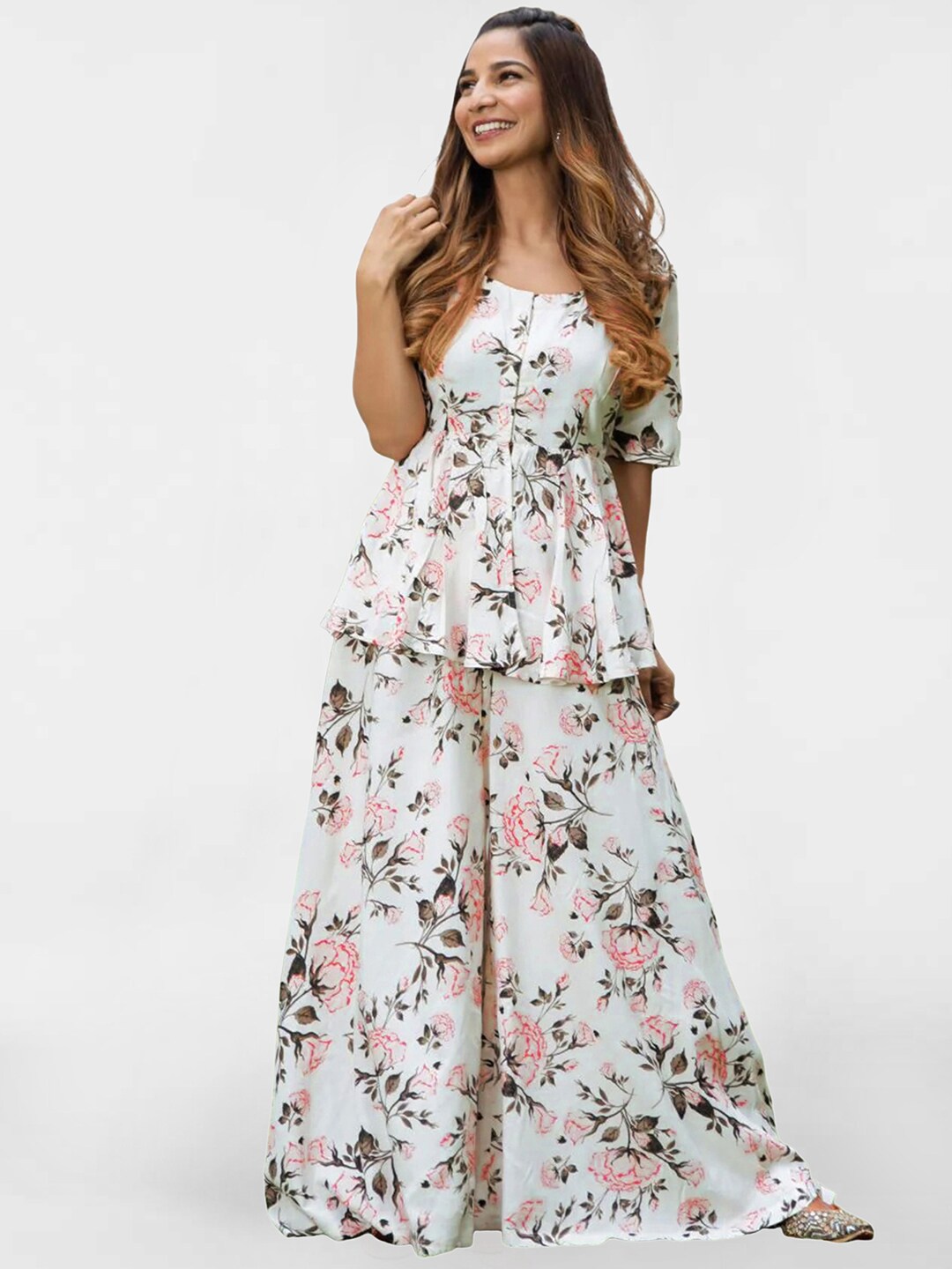 

KALINI Floral Printed Regular Kurti With Trousers, White