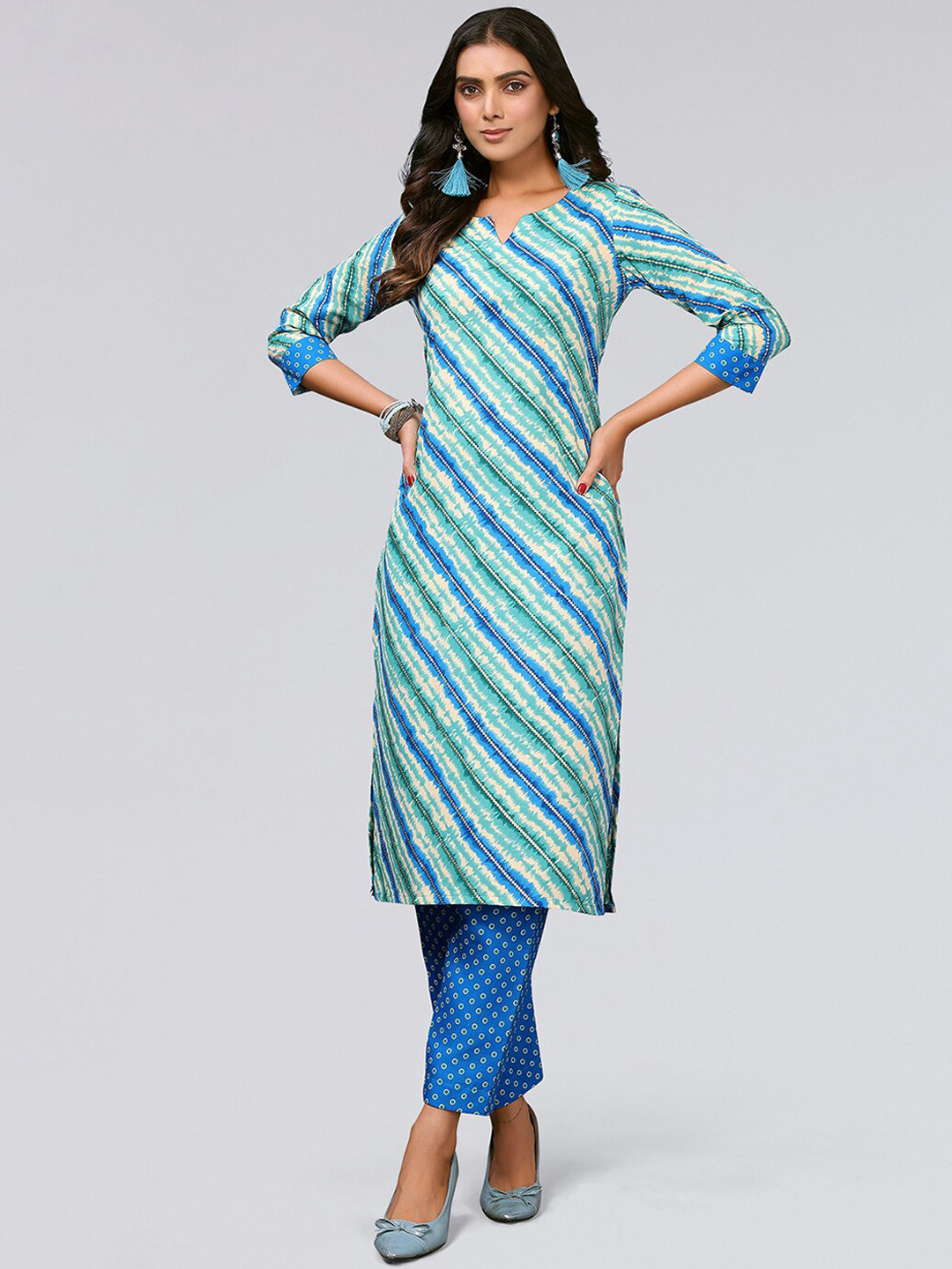 

KALINI Striped Regular Kurta With Trousers, Green