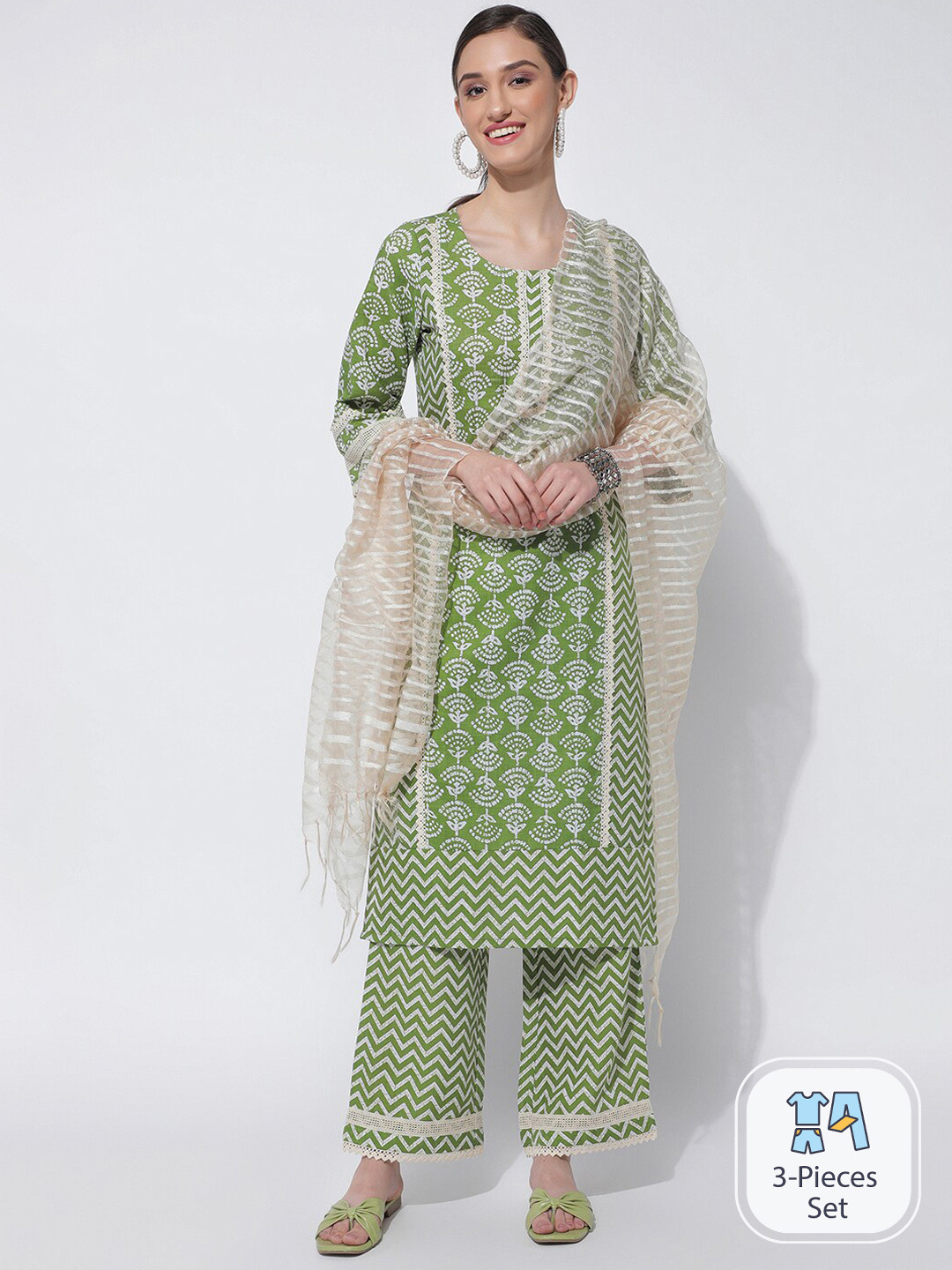 

KALINI Ethnic Motifs Printed Regular Kurta With Trousers & Dupatta, Green
