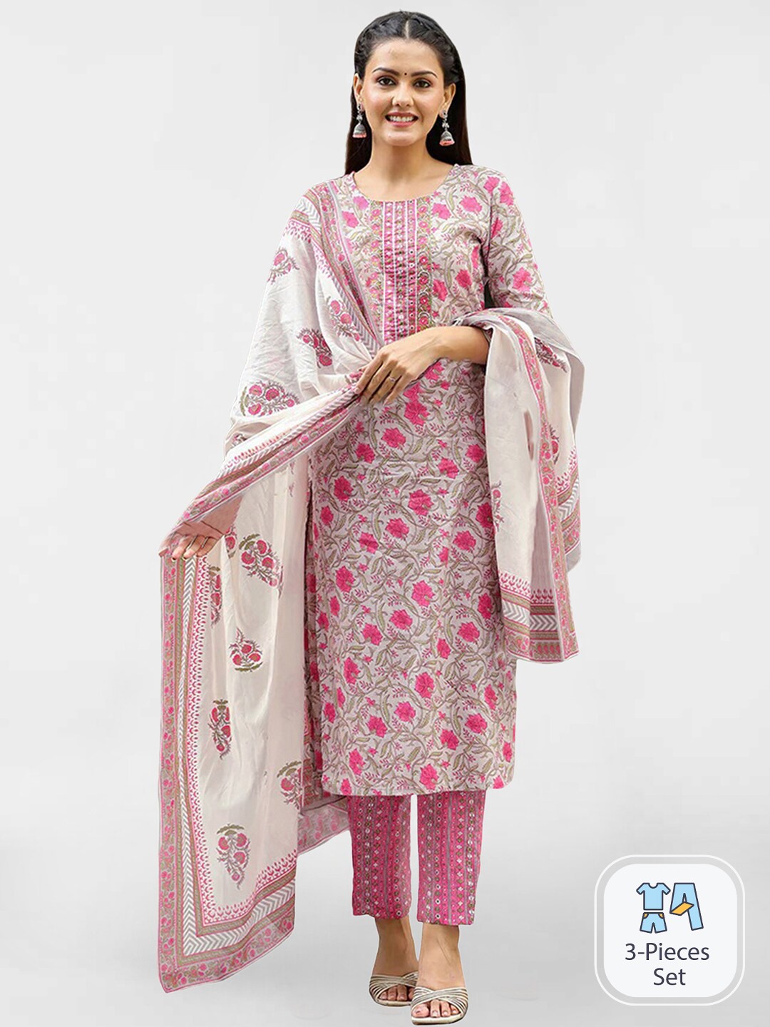 

KALINI Floral Printed Regular Kurta With Trousers & Dupatta, Pink