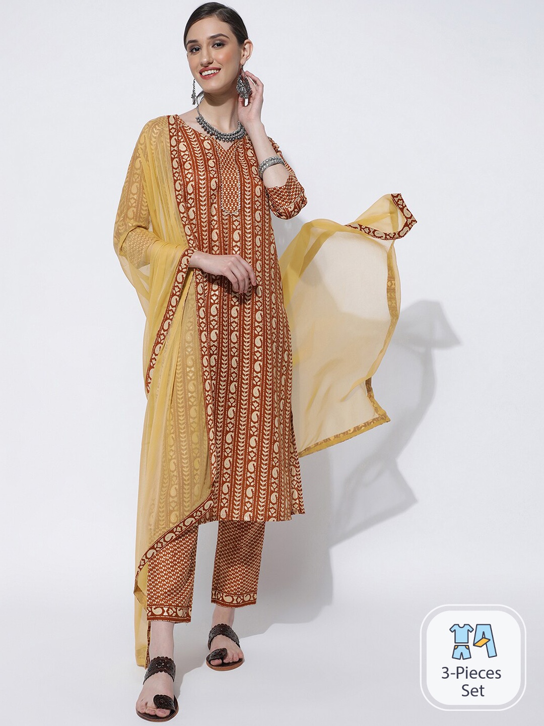 

KALINI Paisley Printed Gotta Patti Kurta with Trousers & Dupatta, Brown