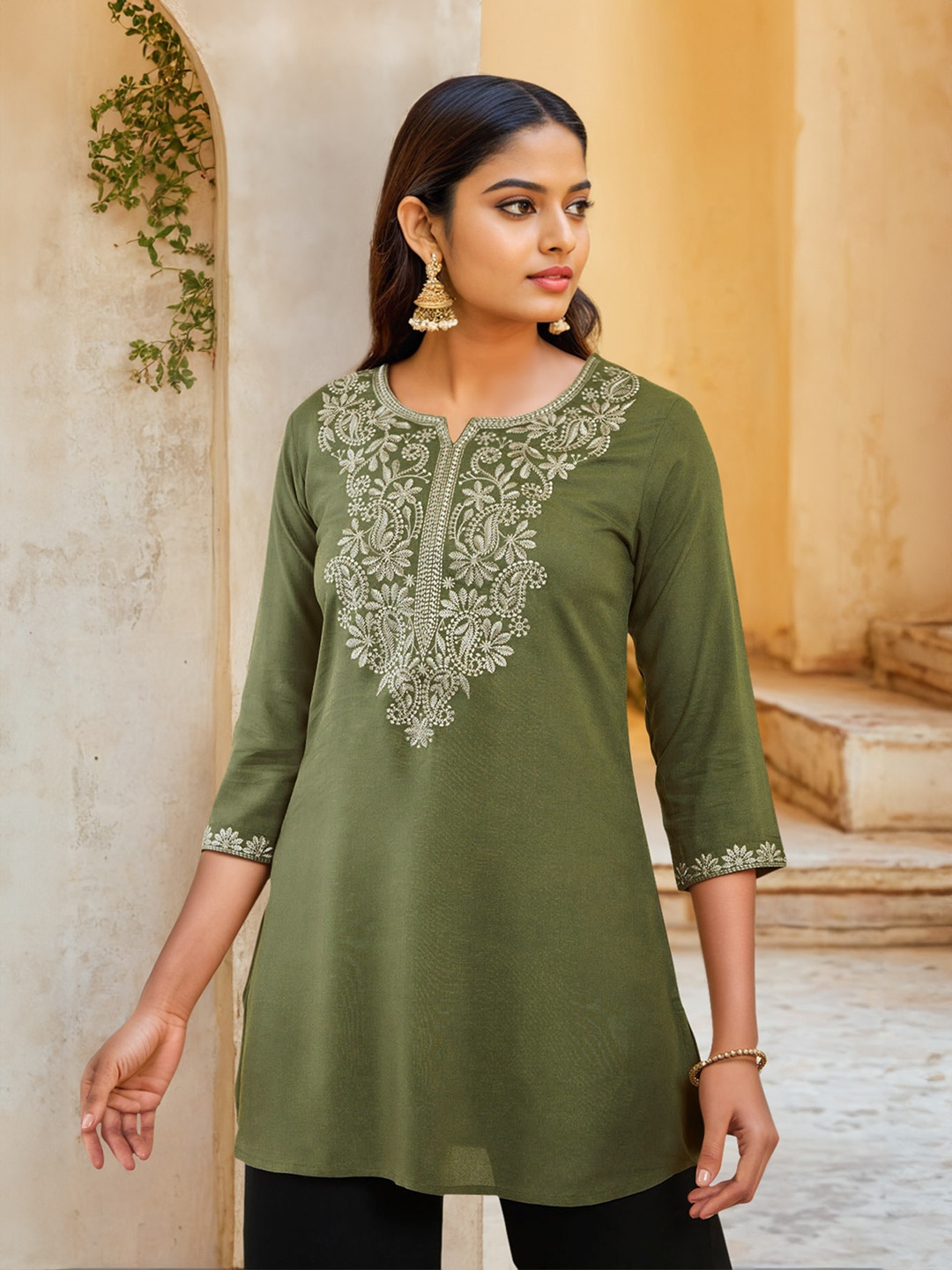 

Soch Ethnic Motifs Embroidered Tunic, Olive