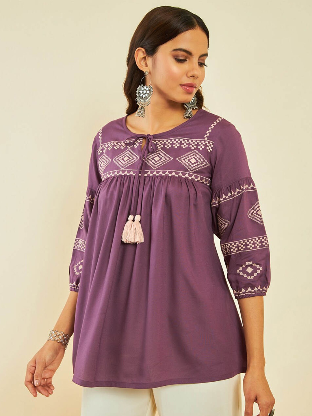 

Soch Embroidered Tie-Up Neck Cuff Sleeve Pleated Tunic, Purple