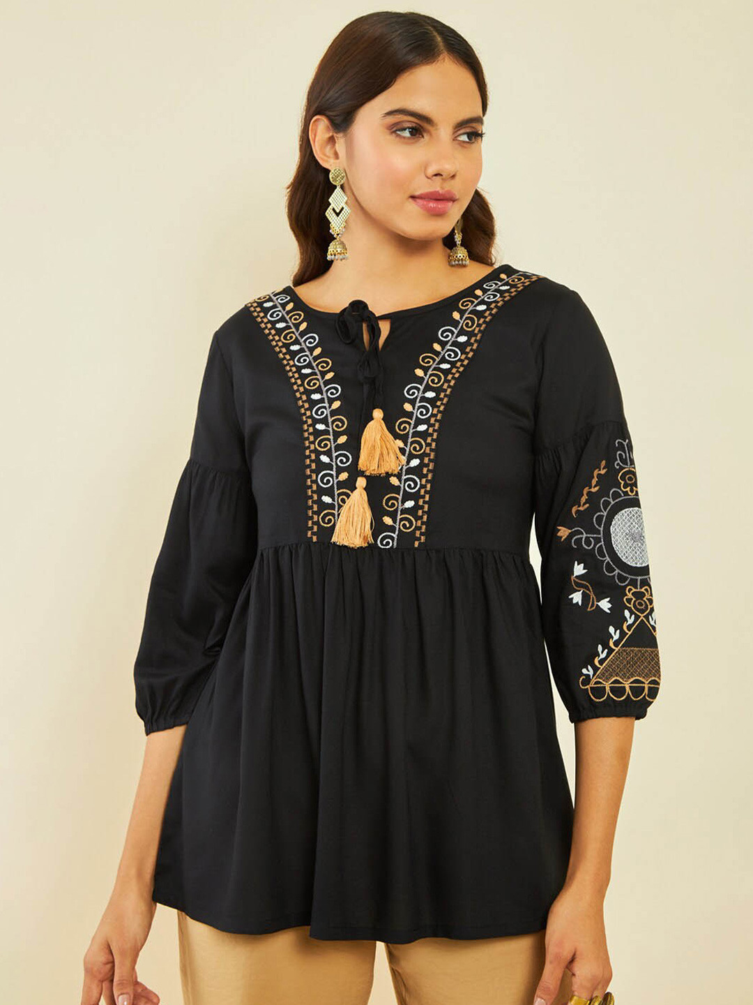 

Soch Embroidered Tie-Up Neck Cuff Sleeve Pleated Tunic, Black
