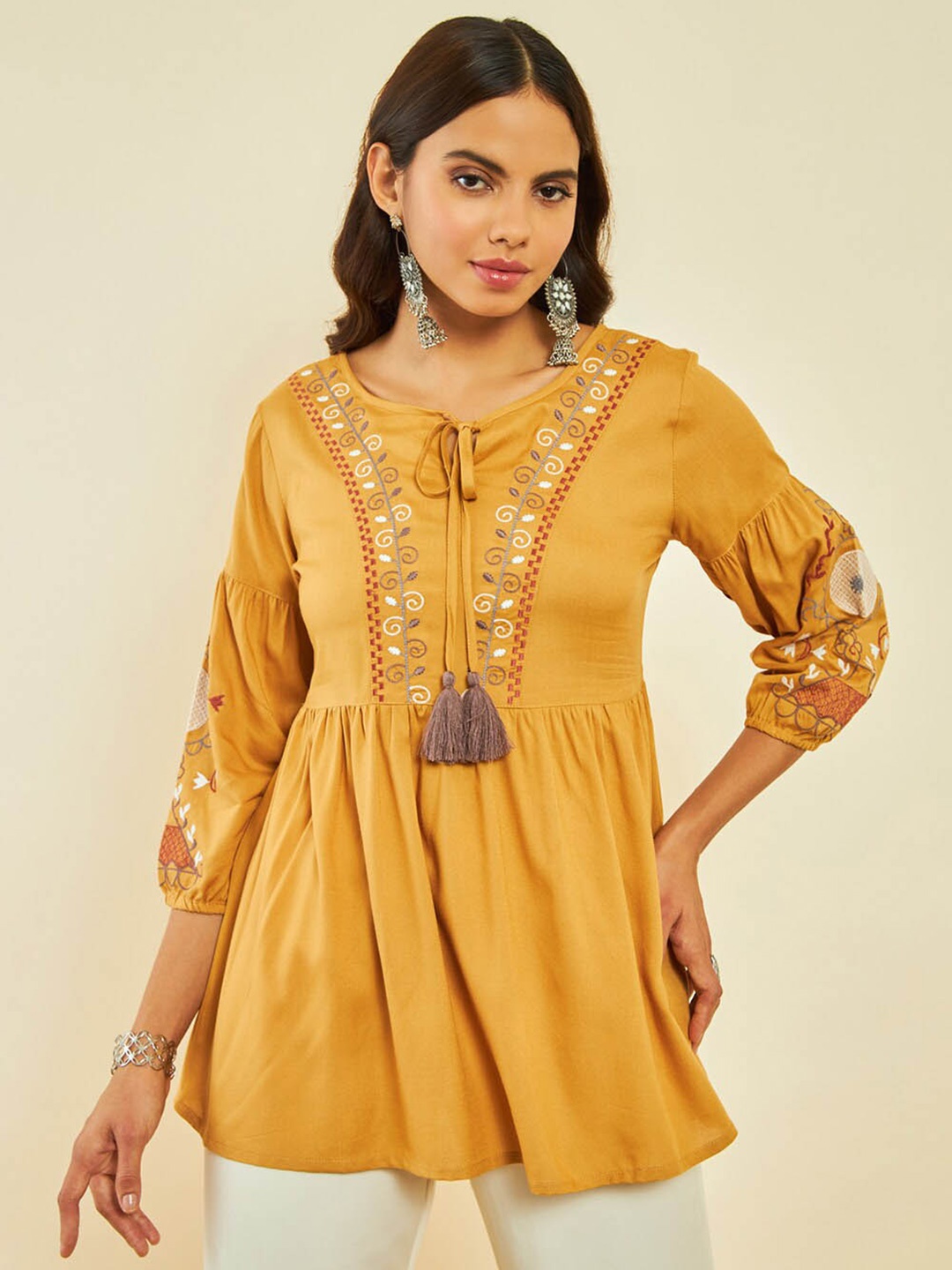 

Soch Embroidered Tie-Up Neck Cuff Sleeve Pleated Tunic, Mustard