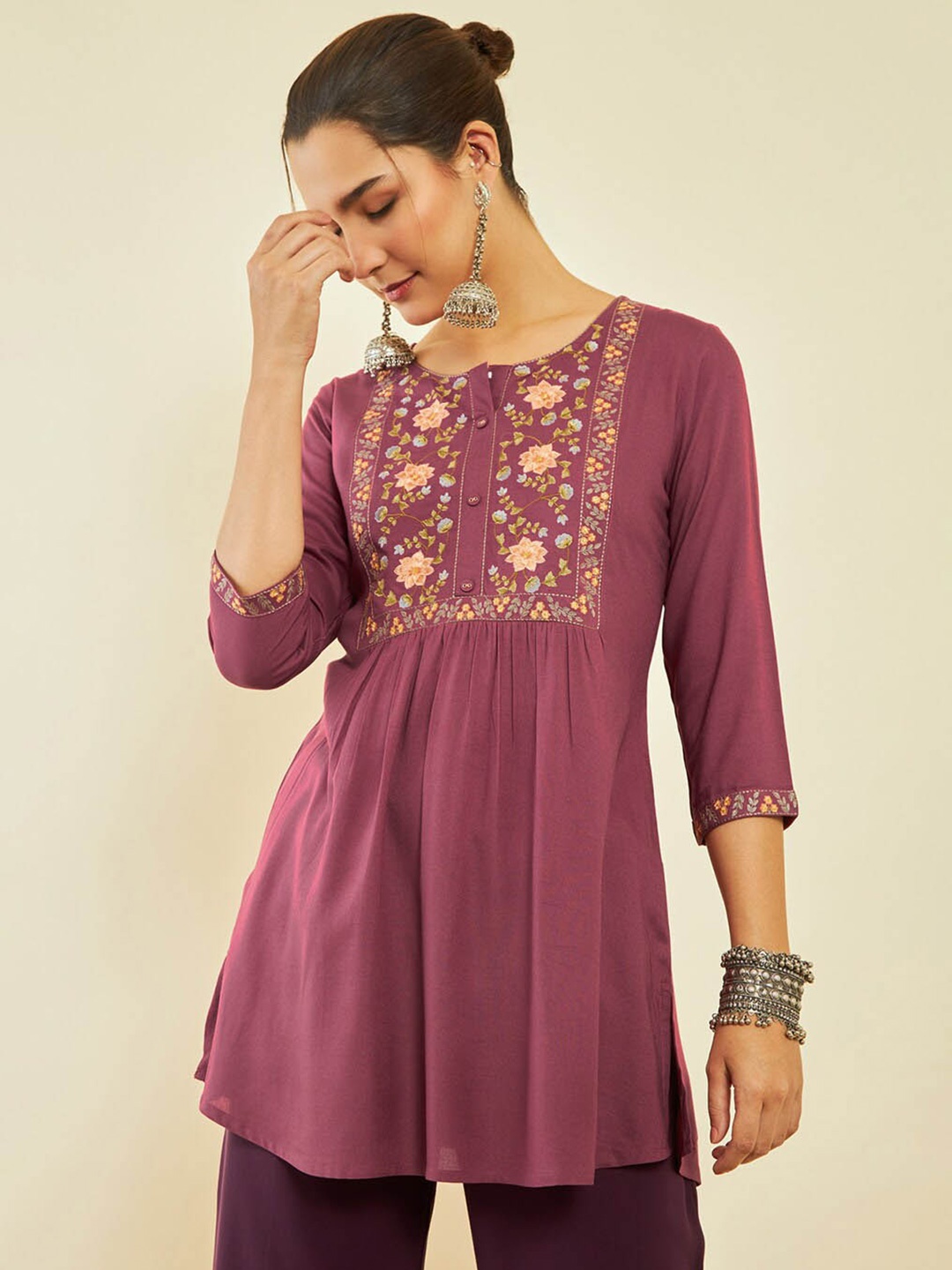 

Soch Floral Embroidered Round Neck Three-Quarter Sleeve Kurti, Maroon