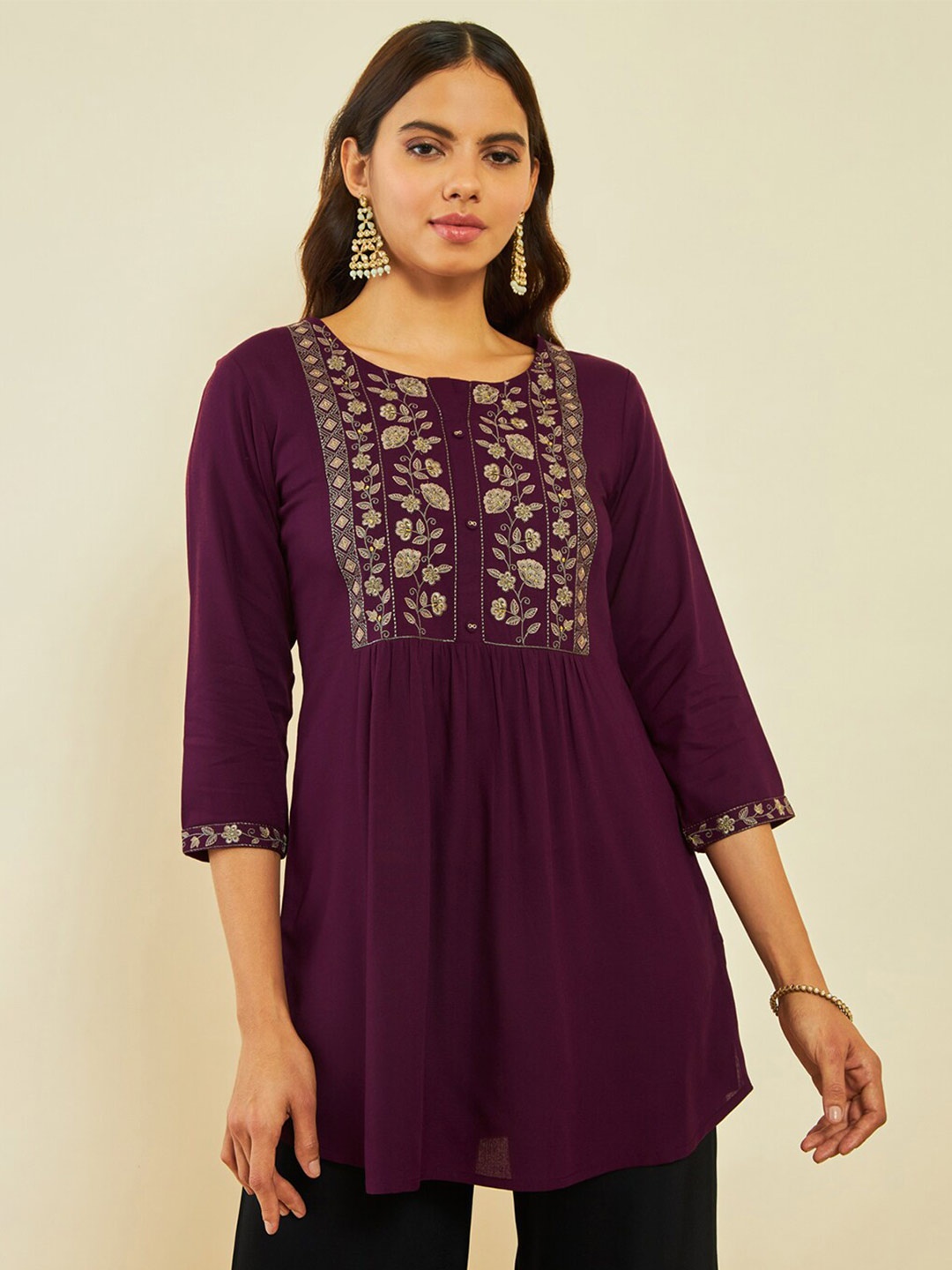 

Soch Floral Print Round Neck Three-Quarter Pleated Sleeve Tunic, Purple