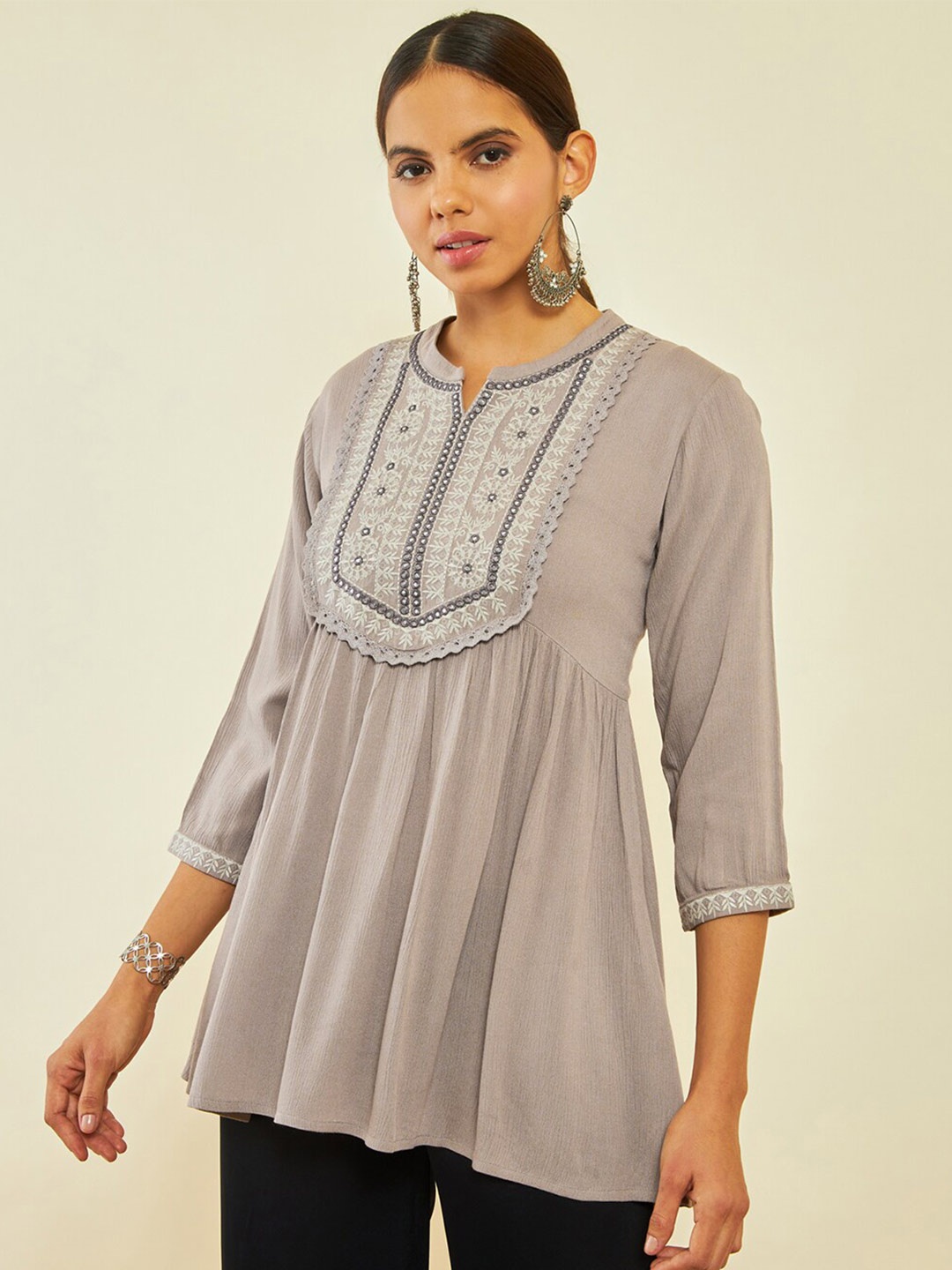 

Soch Mandarin Collar Embroidered Tunic, Grey