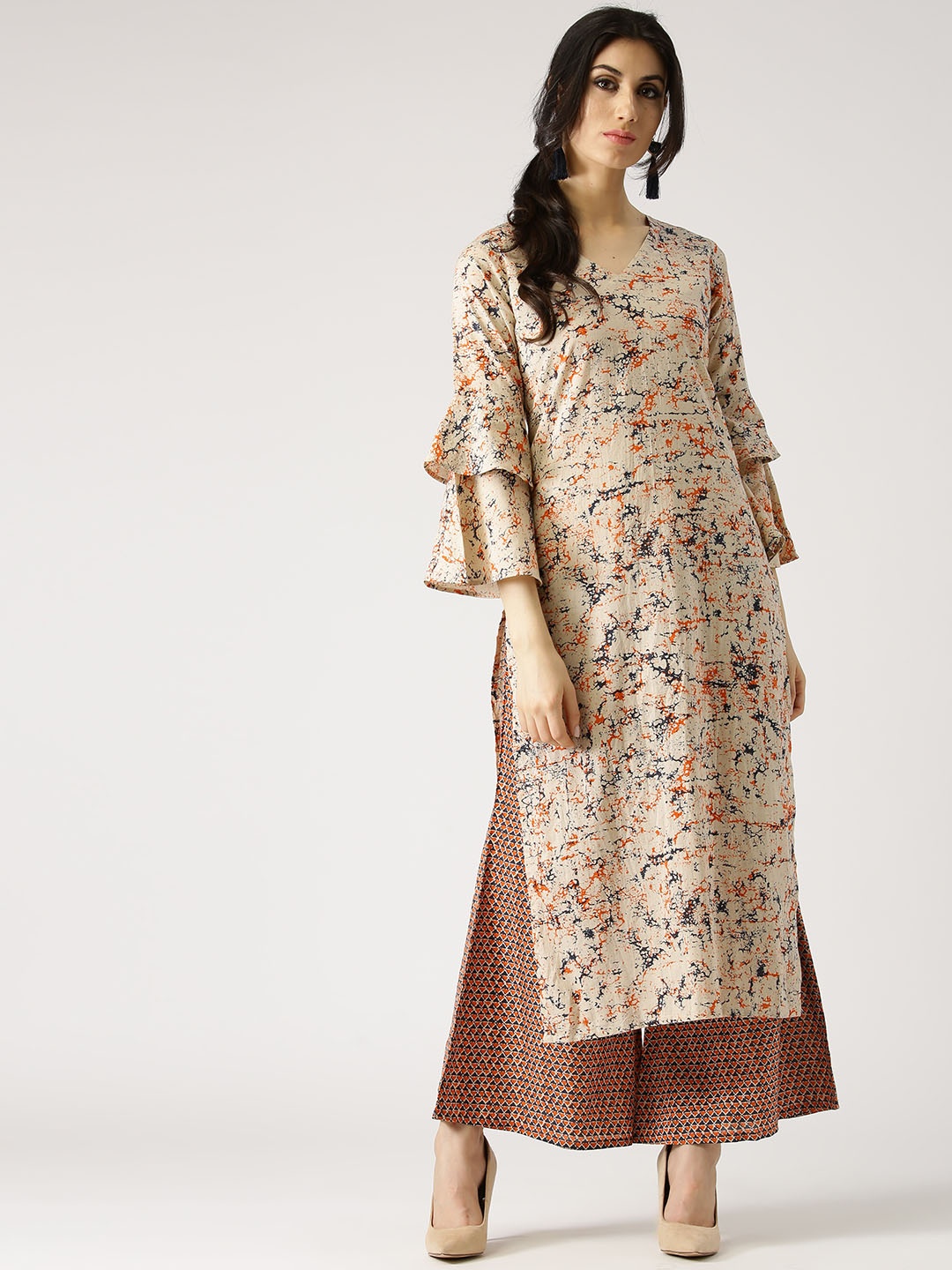 

Libas Women Beige & Orange Printed Kurta with Palazzos