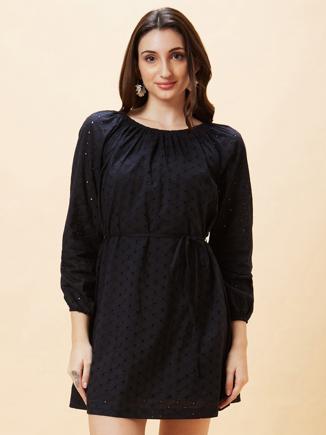 

Globus Self Design Schiffli Puff Sleeve Cotton A Line Dress, Black