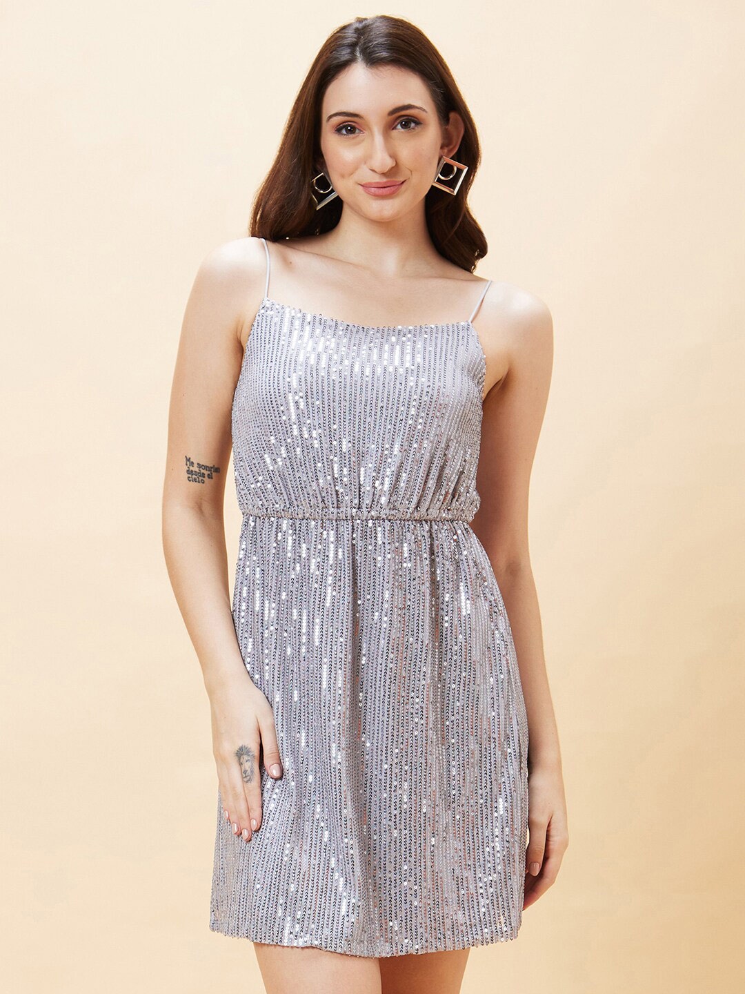 

Globus Silver-Toned Embellished Shoulder Straps Sequined A-Line Dress