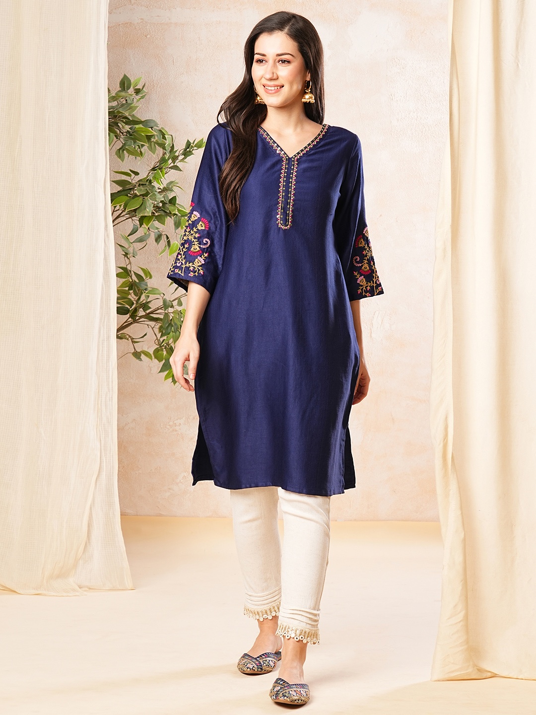 Globus V-Neck Floral Embroidery A-Line Kurta, Blue
