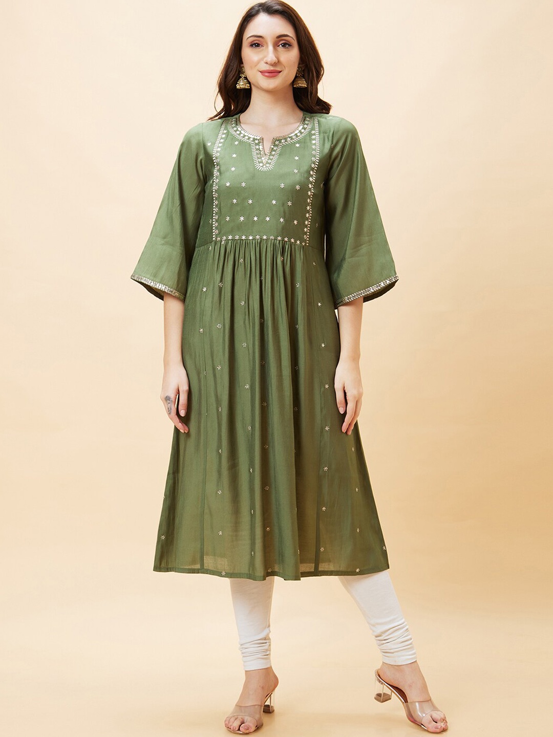 

Globus Green Floral Embroidered Flared Sleeves A-Line Kurta